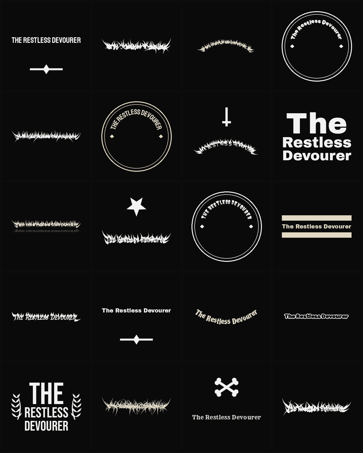 Twenty The Restless Devourer band logo ideas — different faces, treatments and spike settings