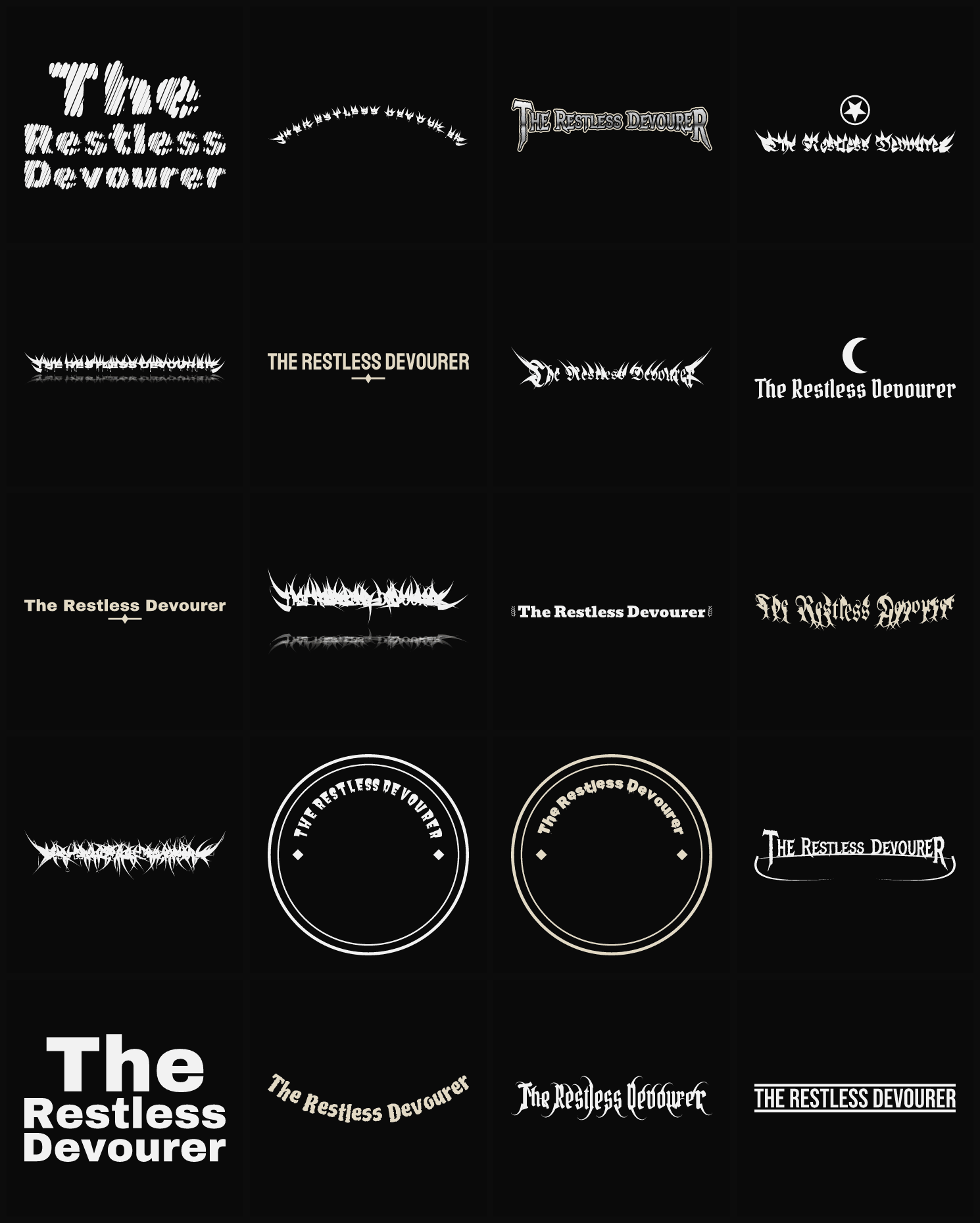 Twenty The Restless Devourer band logo ideas — different faces, treatments and spike settings