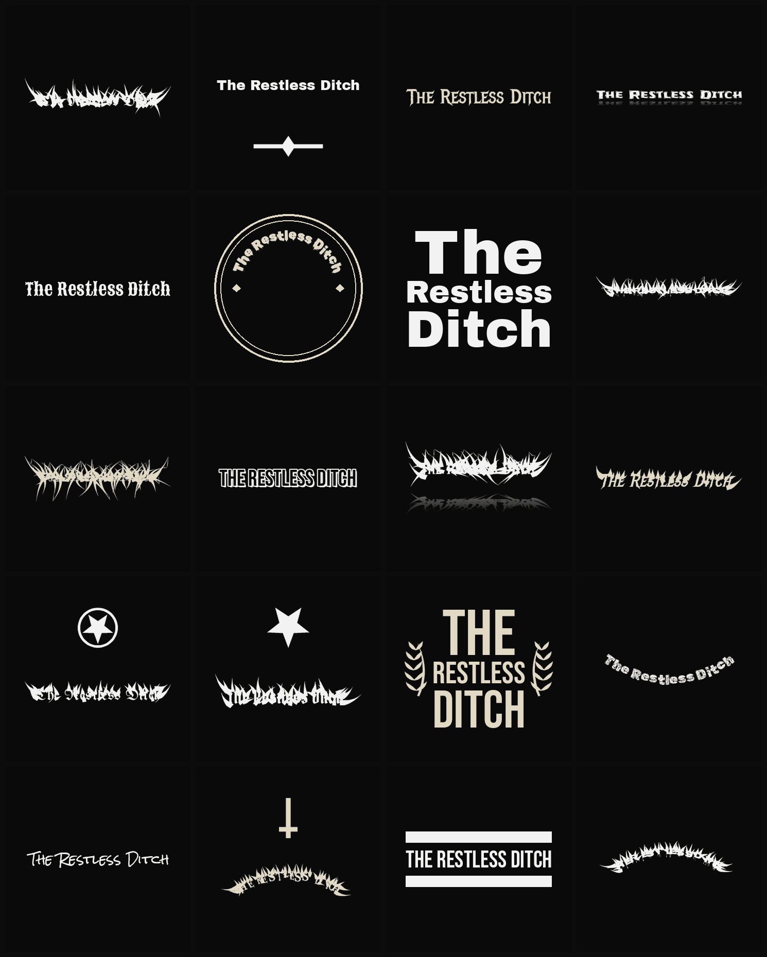 Twenty The Restless Ditch band logo ideas — different faces, treatments and spike settings