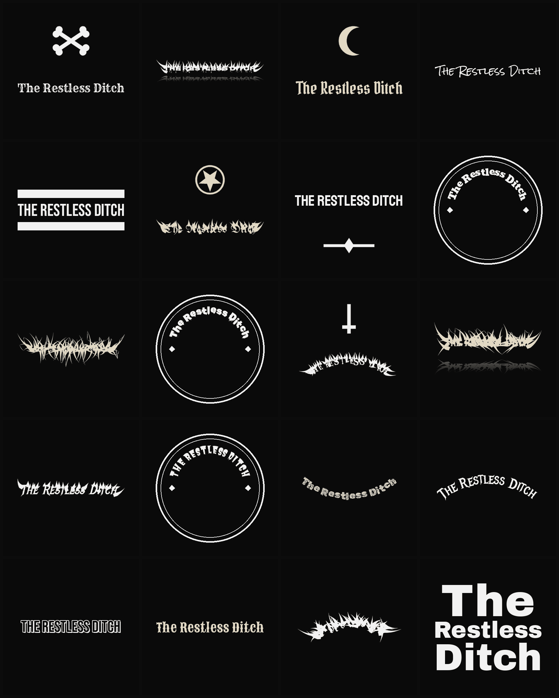 Twenty The Restless Ditch band logo ideas — different faces, treatments and spike settings