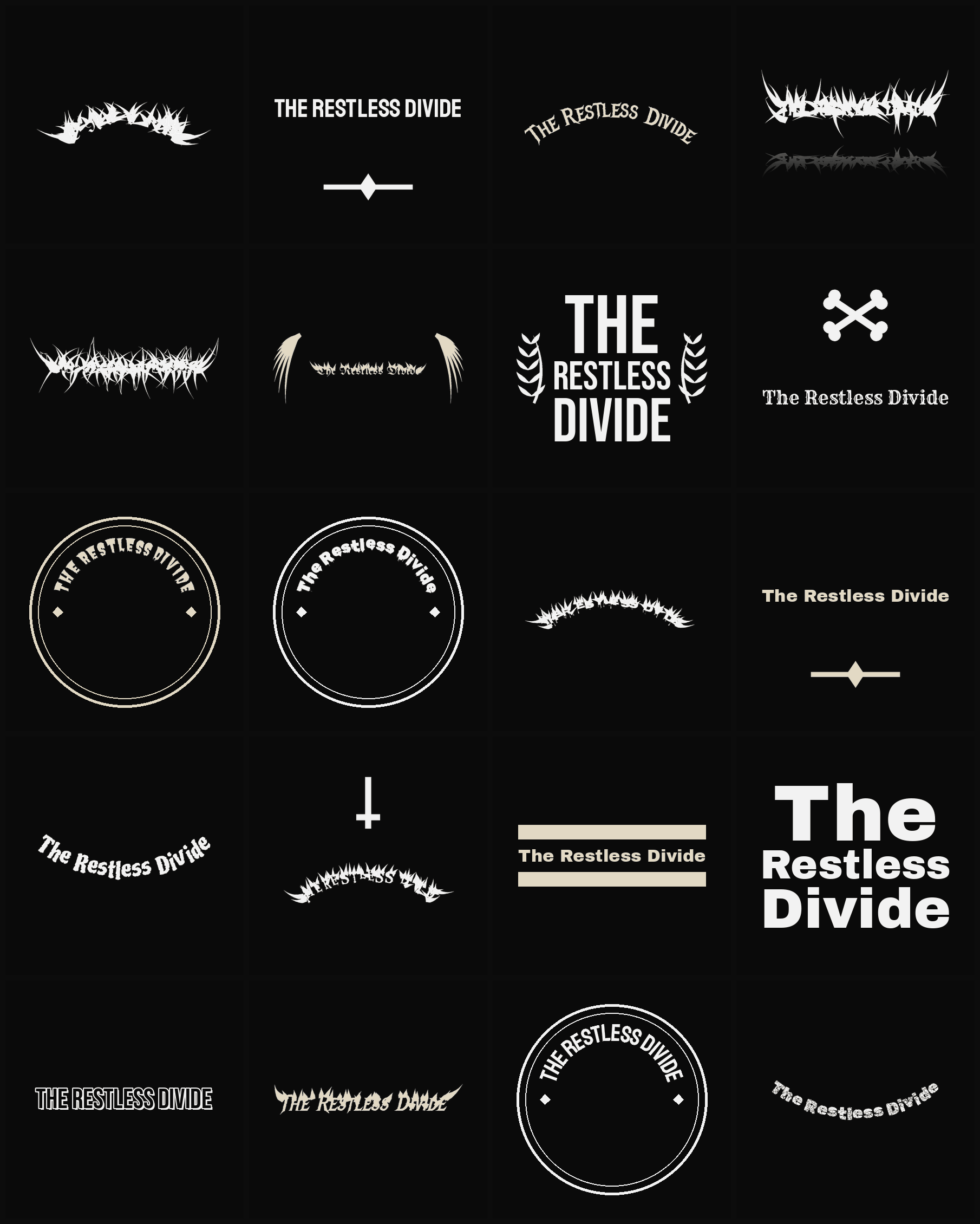 Twenty The Restless Divide band logo ideas — different faces, treatments and spike settings