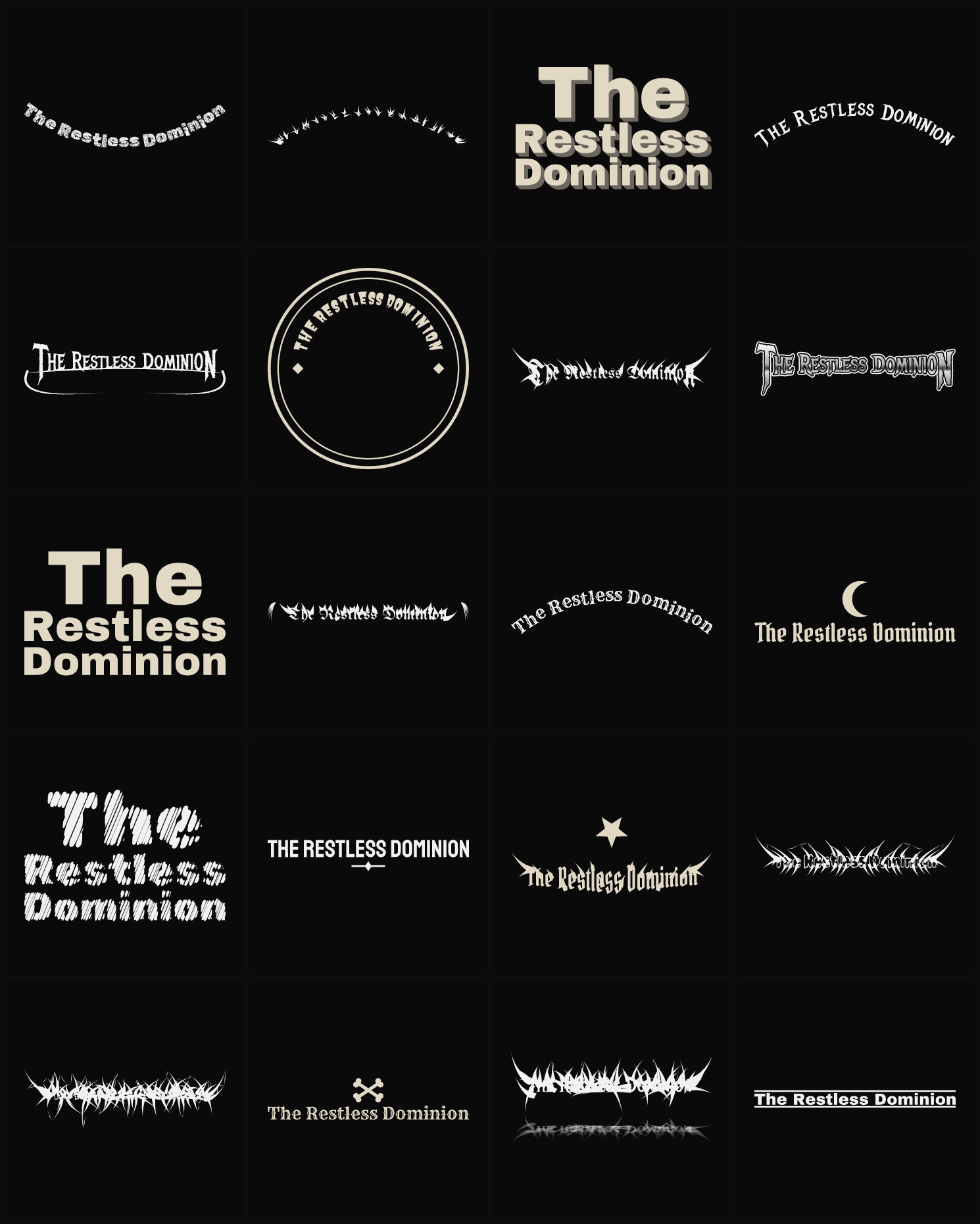 Twenty The Restless Dominion band logo ideas — different faces, treatments and spike settings