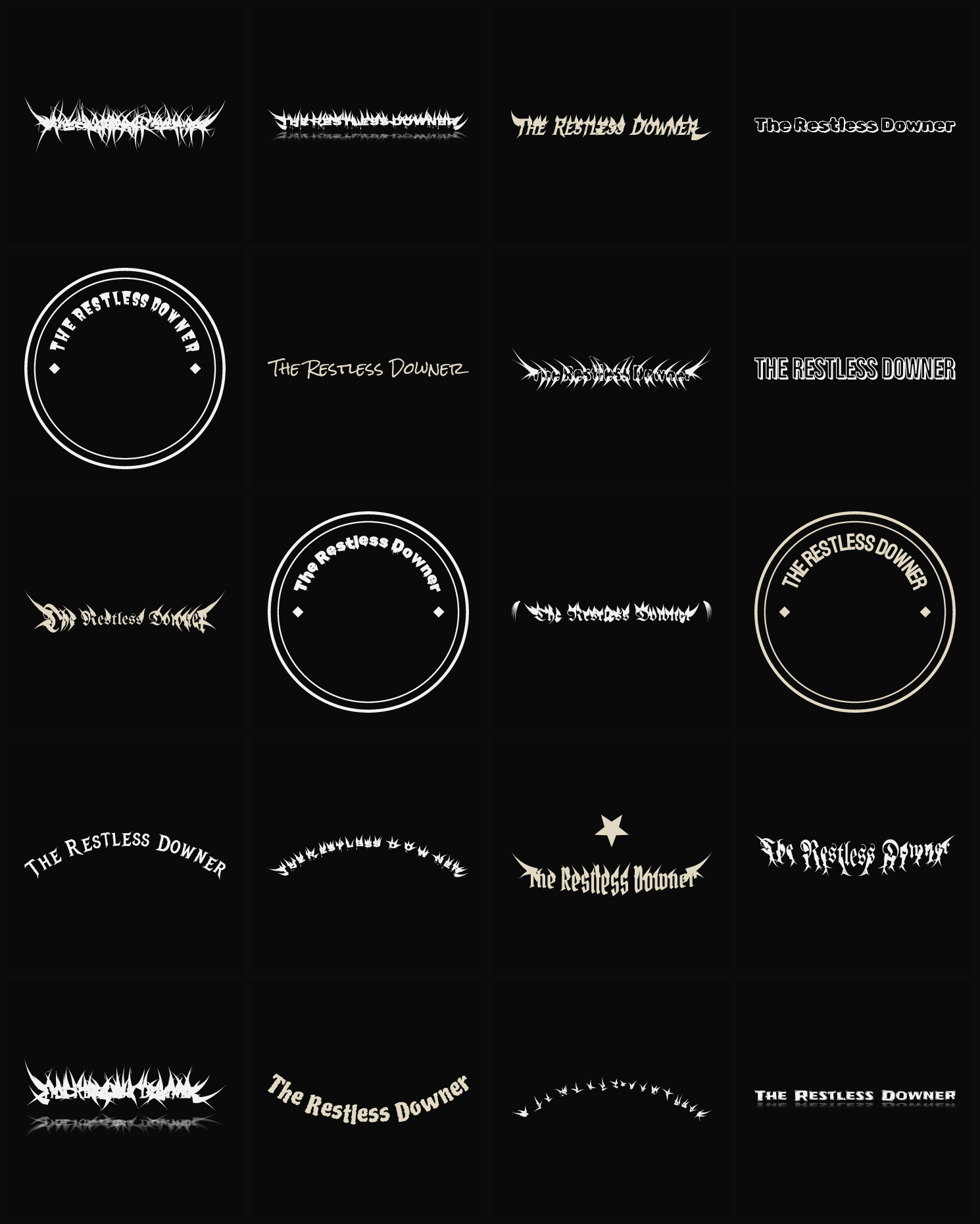 Twenty The Restless Downer band logo ideas — different faces, treatments and spike settings