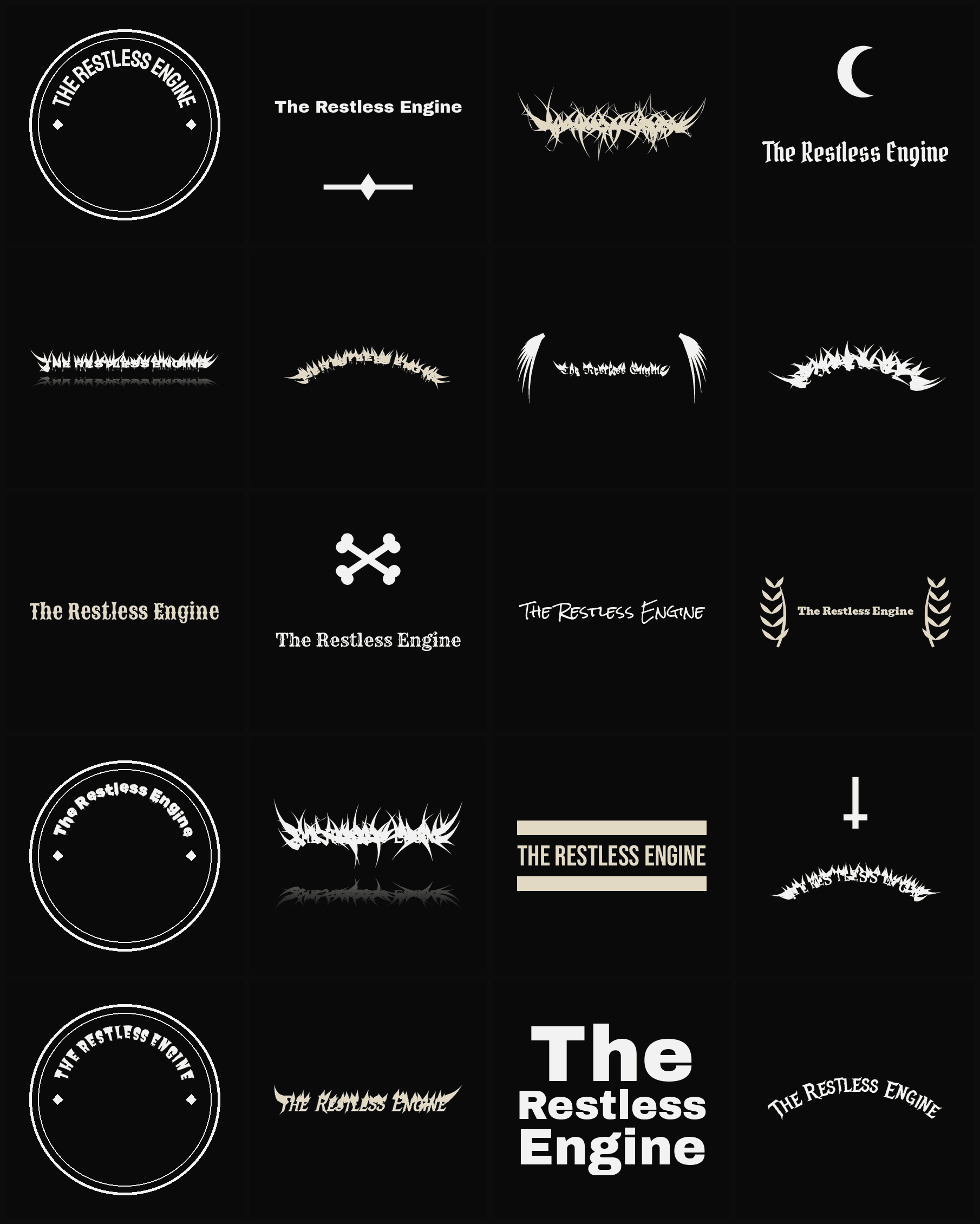 Twenty The Restless Engine band logo ideas — different faces, treatments and spike settings