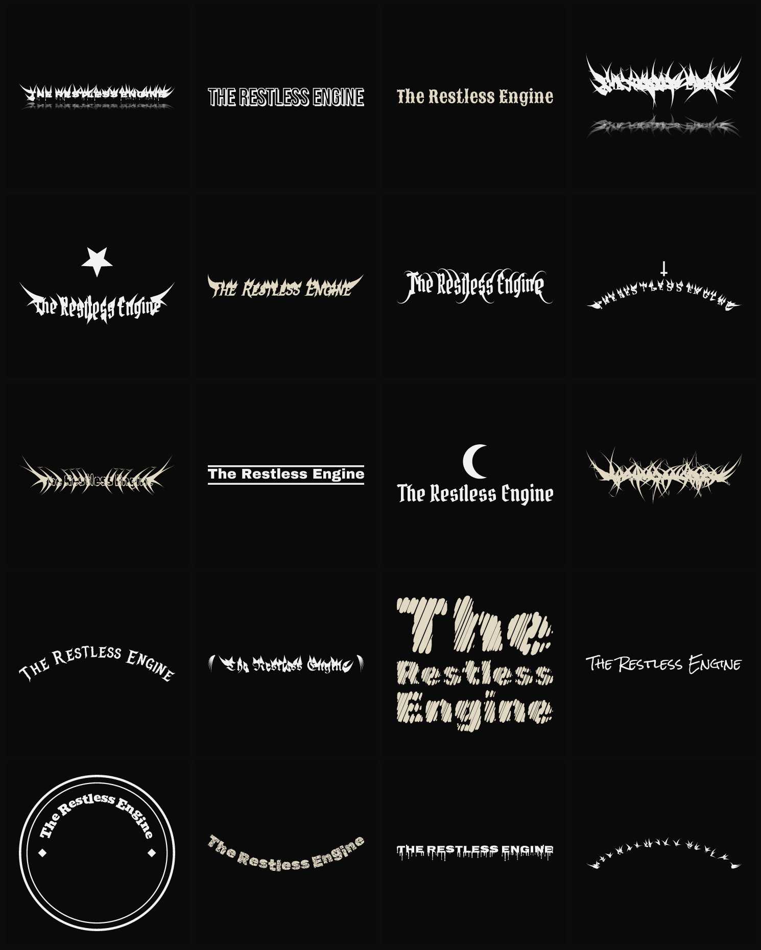Twenty The Restless Engine band logo ideas — different faces, treatments and spike settings
