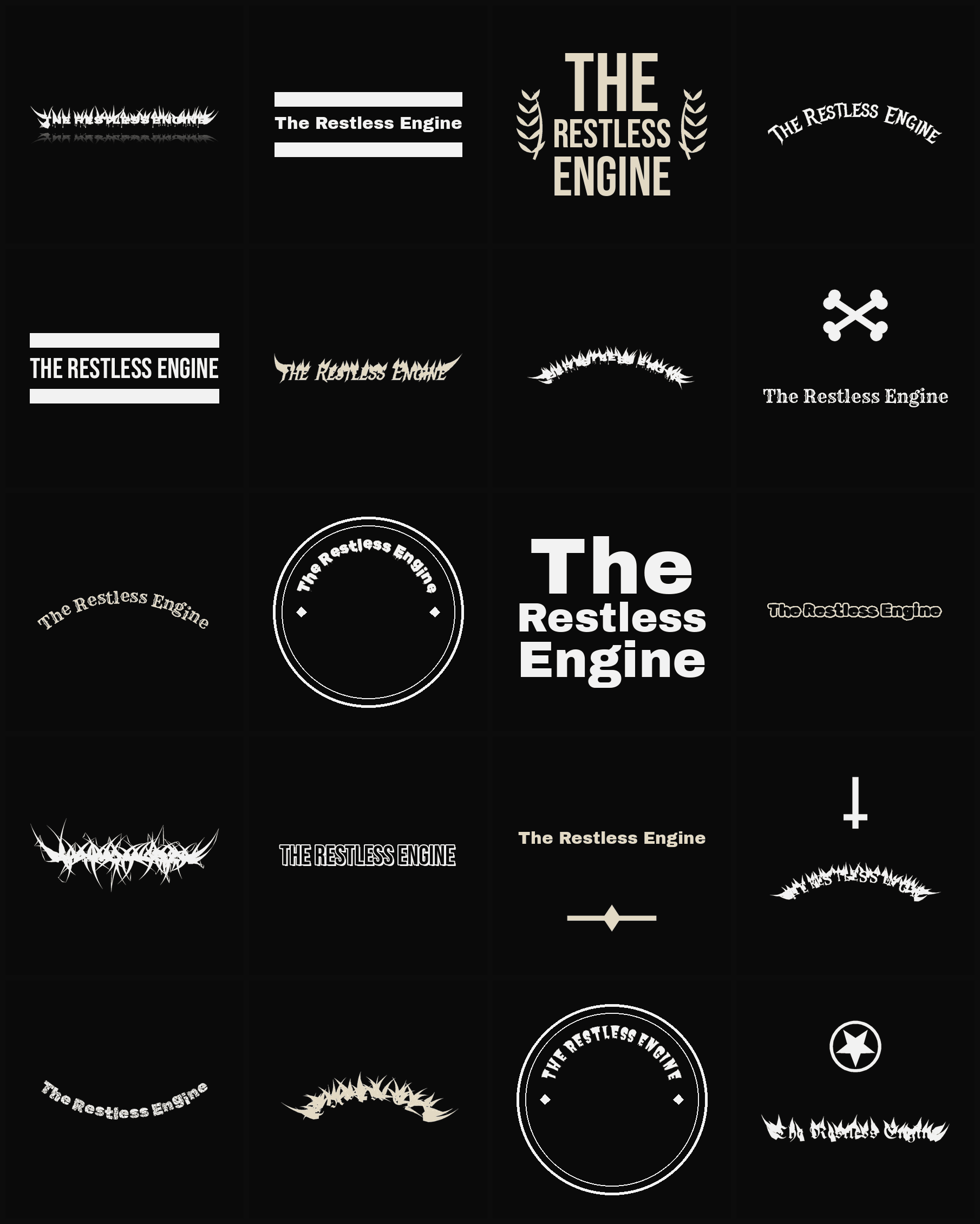 Twenty The Restless Engine band logo ideas — different faces, treatments and spike settings