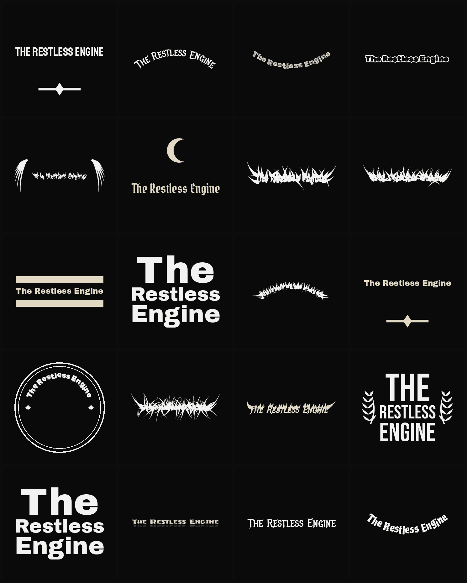 Twenty The Restless Engine band logo ideas — different faces, treatments and spike settings