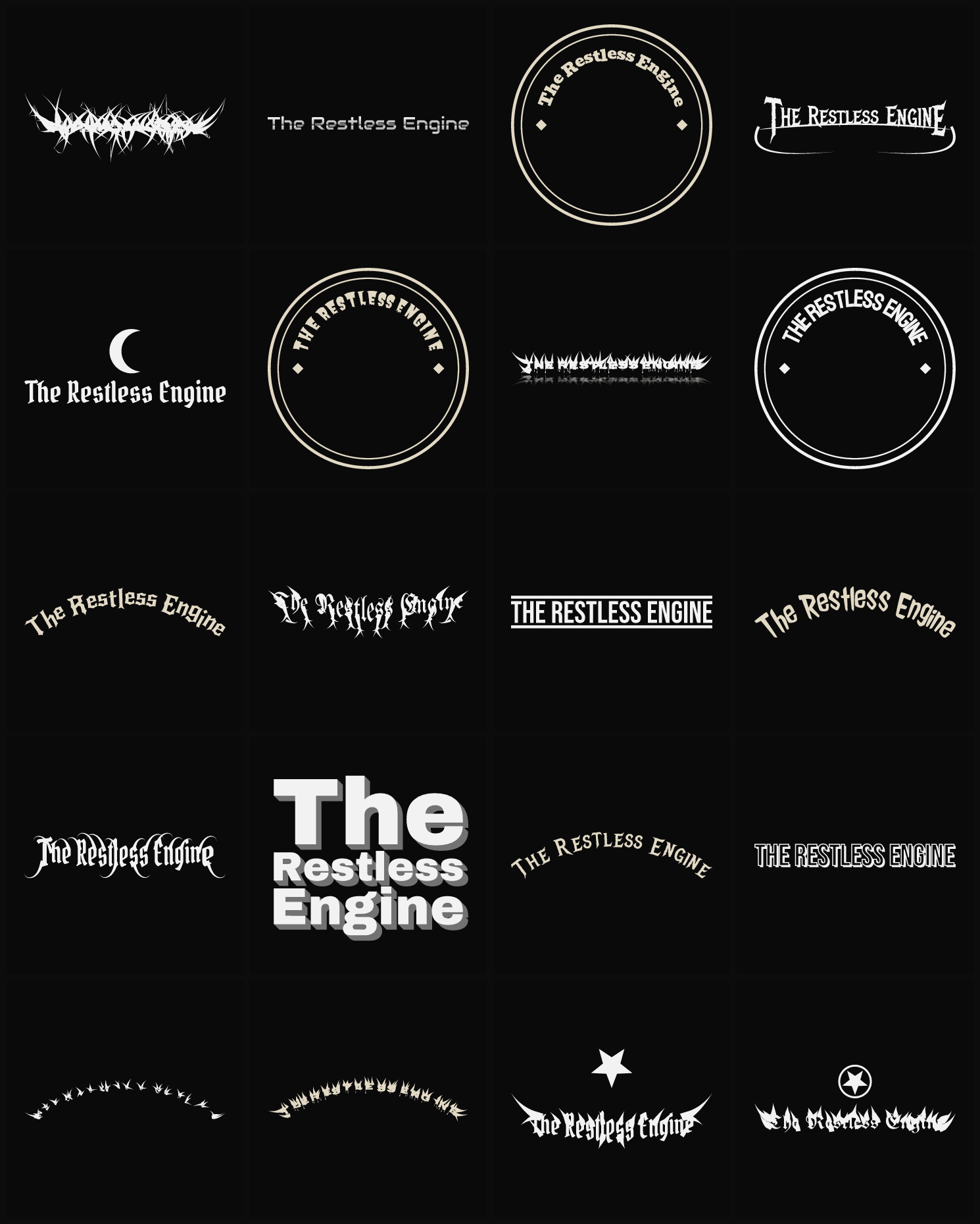 Twenty The Restless Engine band logo ideas — different faces, treatments and spike settings