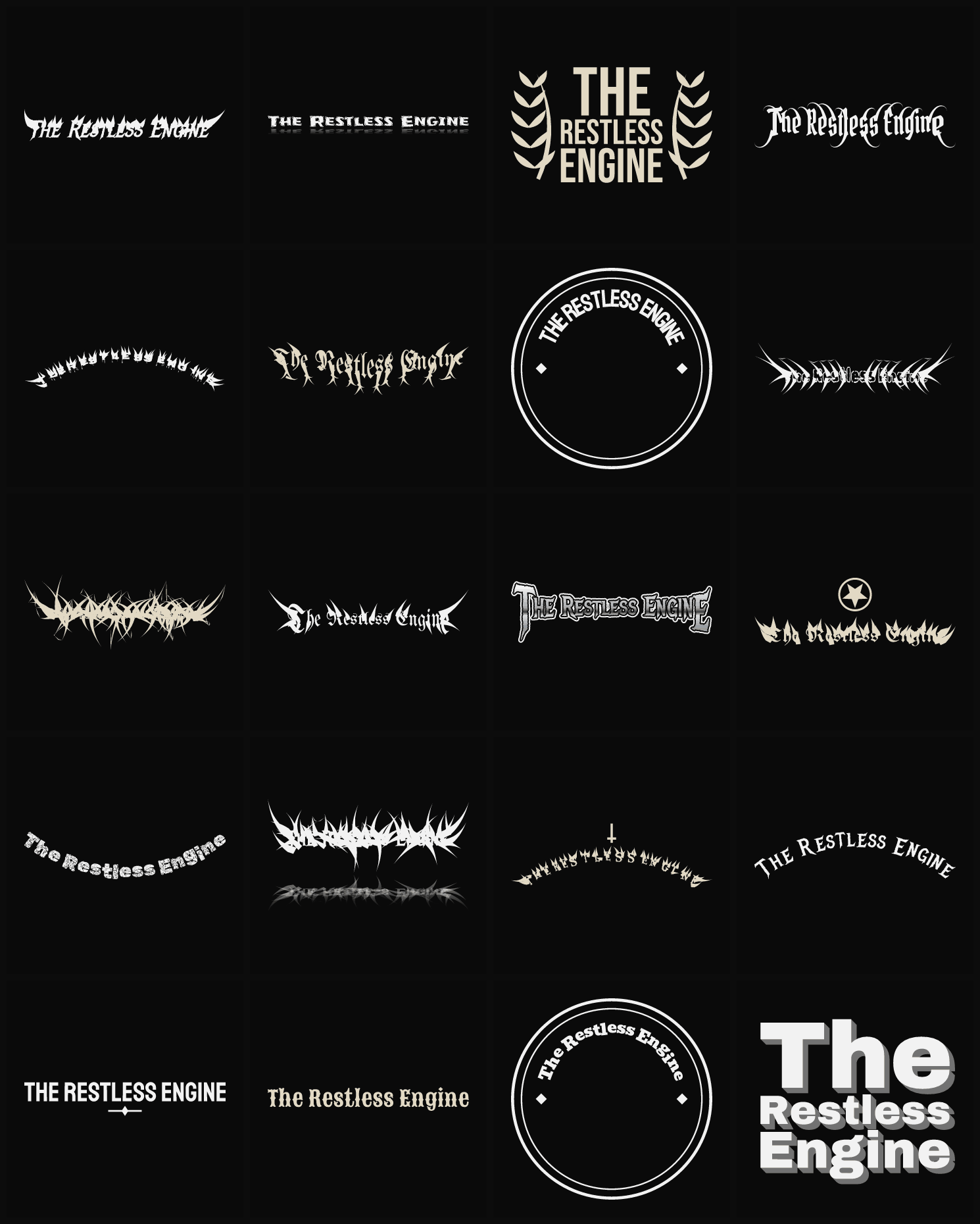 Twenty The Restless Engine band logo ideas — different faces, treatments and spike settings
