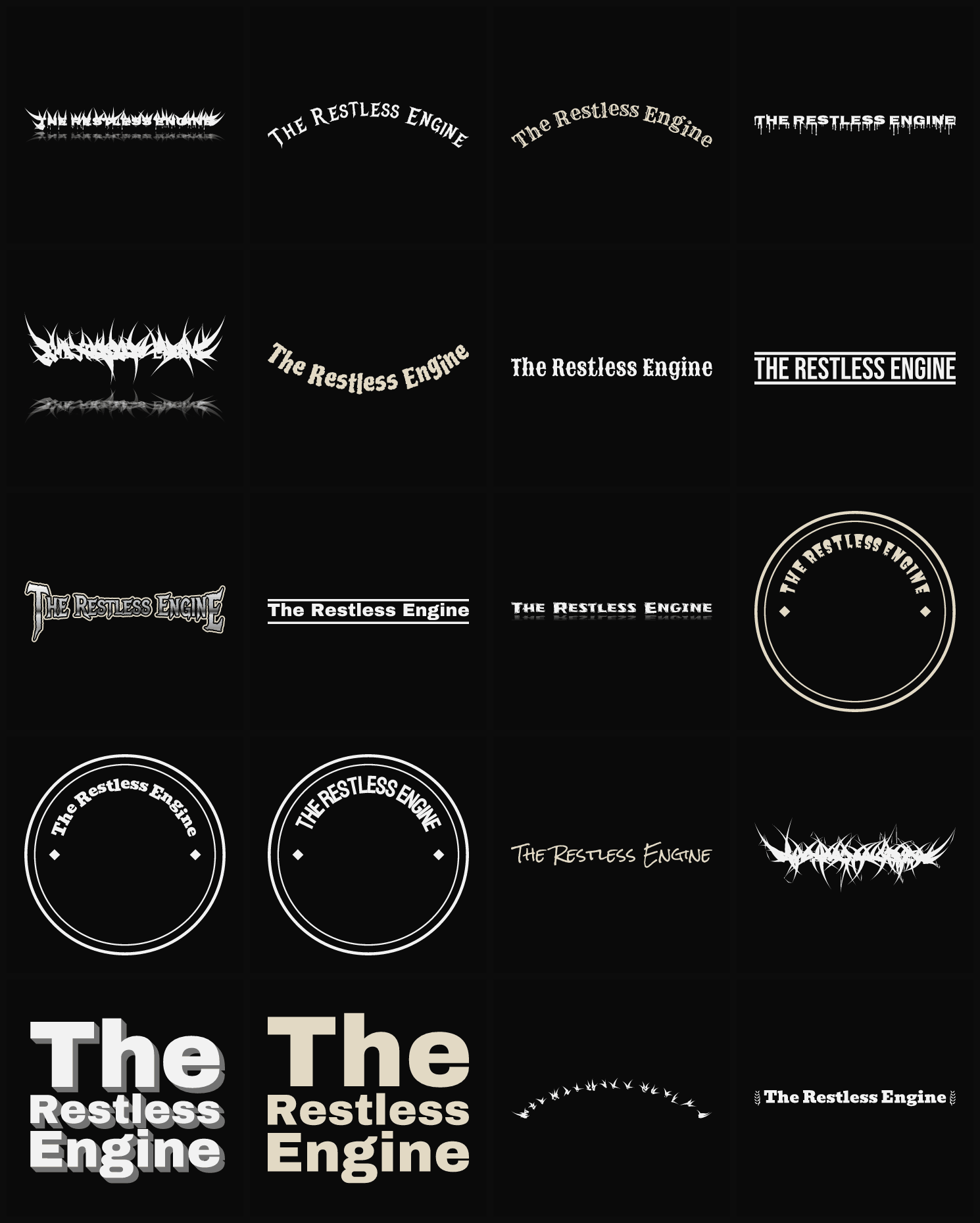 Twenty The Restless Engine band logo ideas — different faces, treatments and spike settings