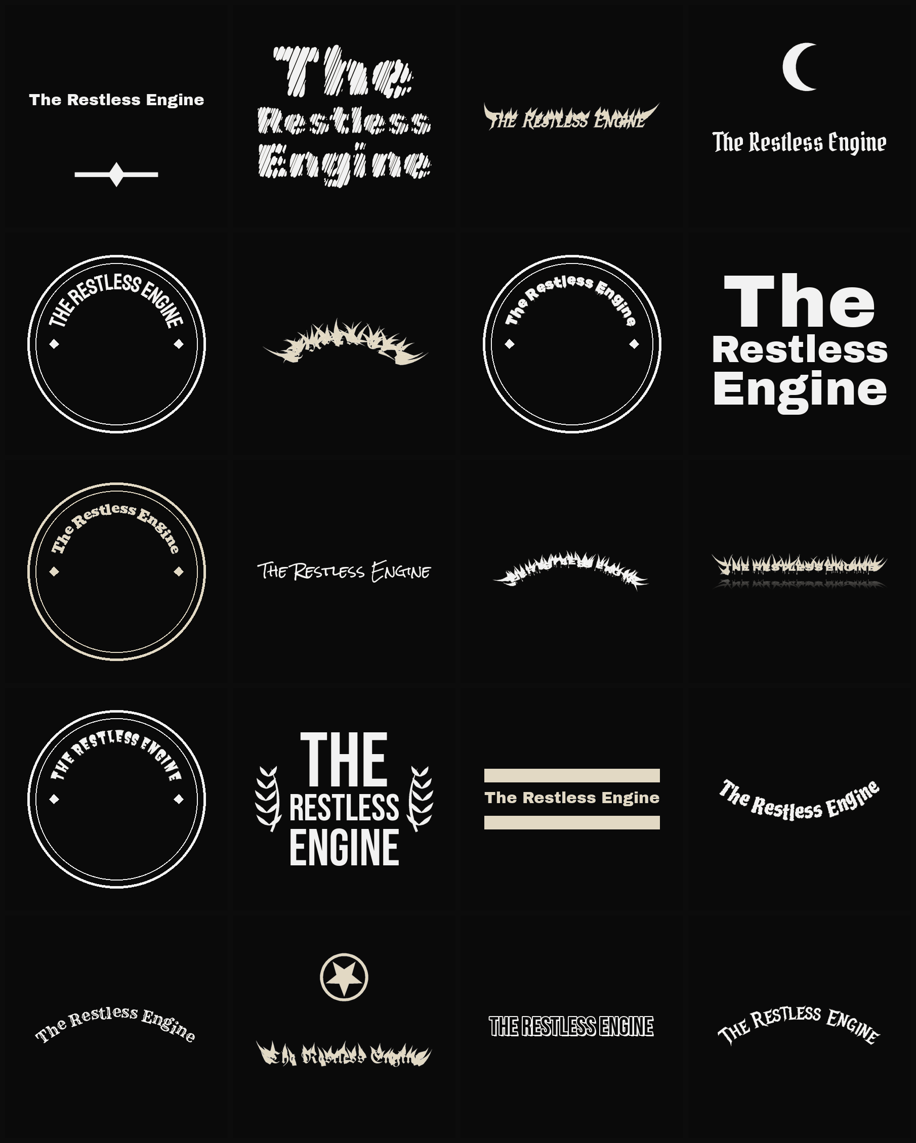 Twenty The Restless Engine band logo ideas — different faces, treatments and spike settings