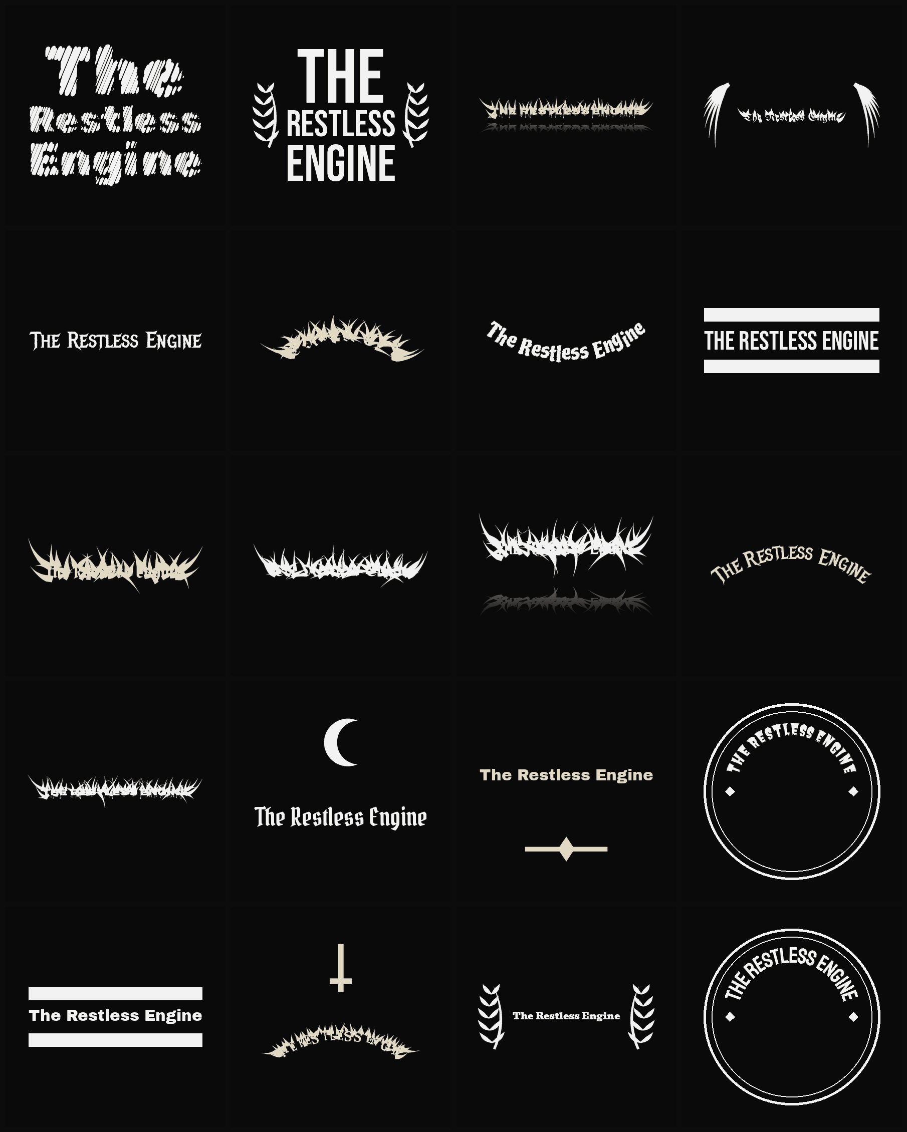 Twenty The Restless Engine band logo ideas — different faces, treatments and spike settings