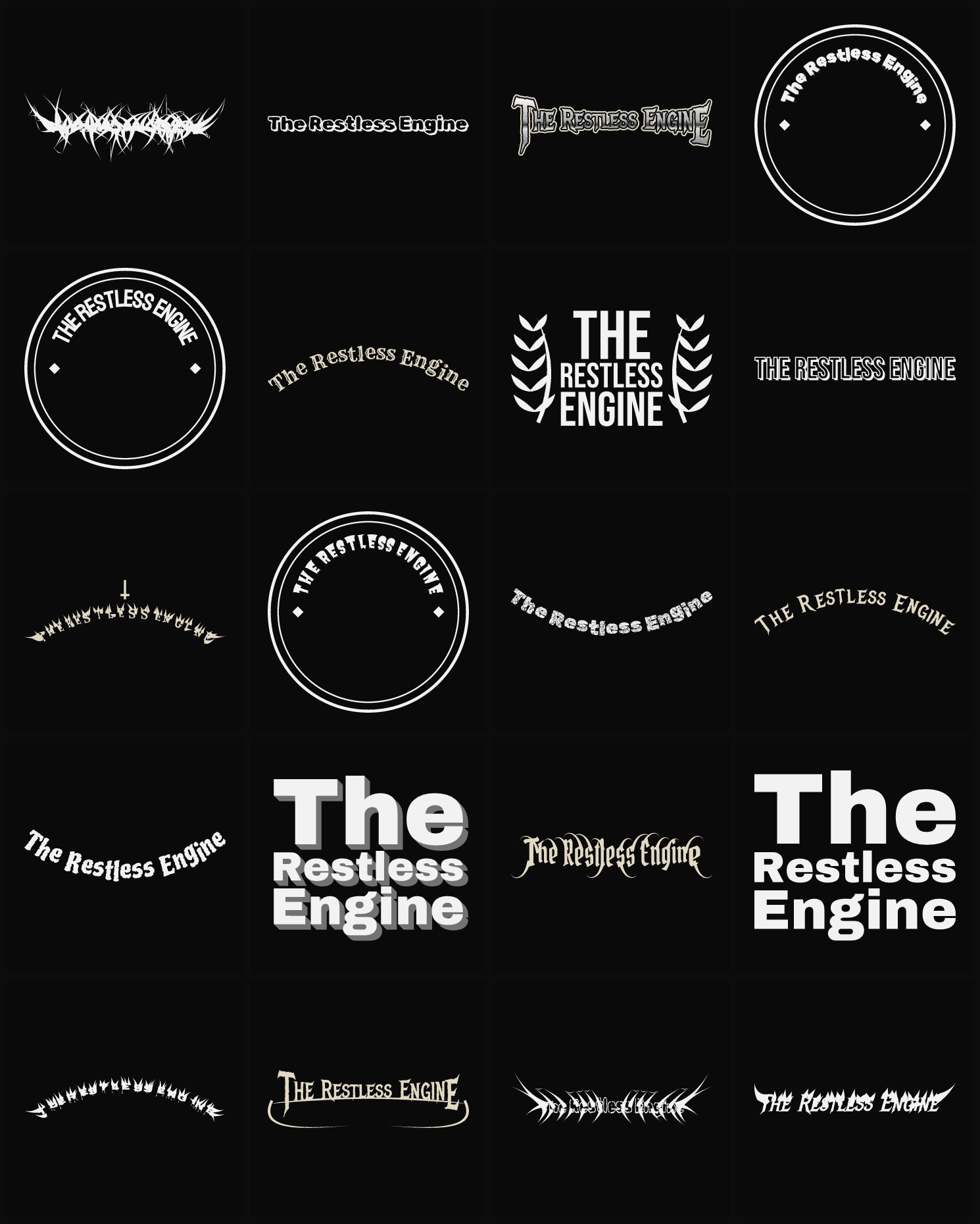 Twenty The Restless Engine band logo ideas — different faces, treatments and spike settings