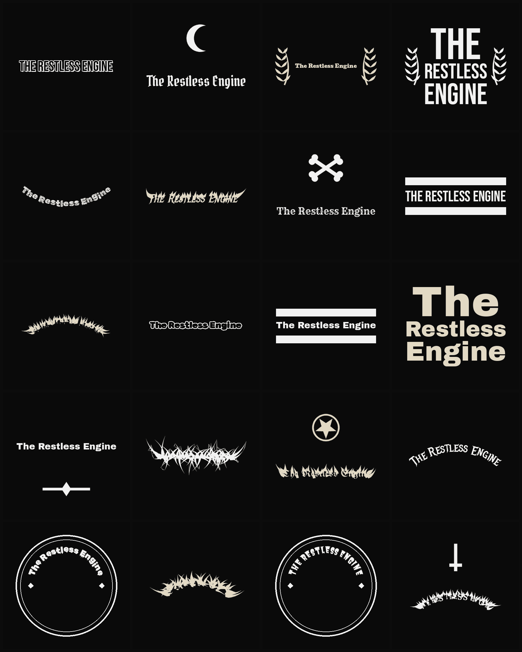 Twenty The Restless Engine band logo ideas — different faces, treatments and spike settings