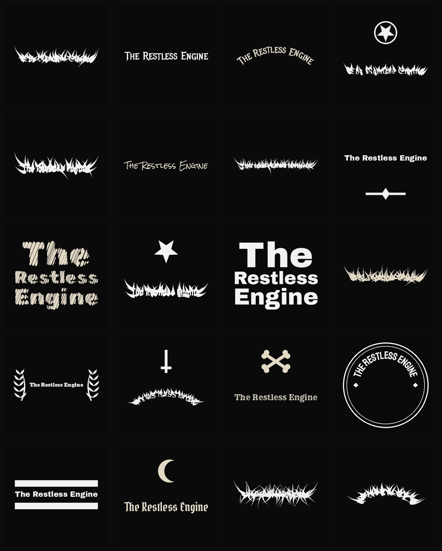 Twenty The Restless Engine band logo ideas — different faces, treatments and spike settings