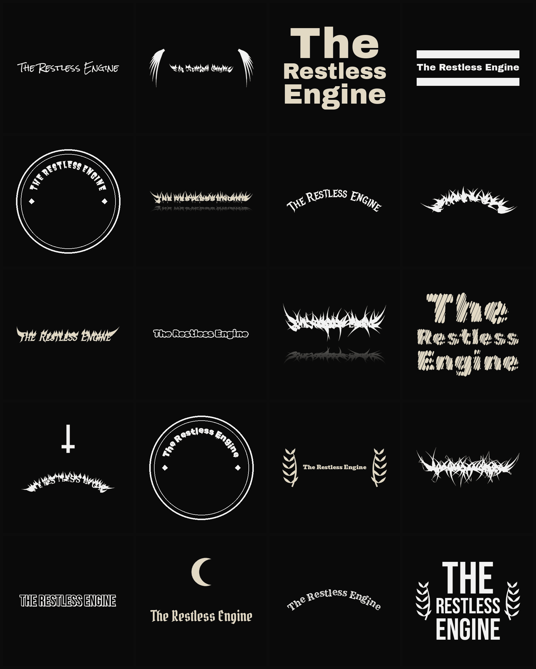 Twenty The Restless Engine band logo ideas — different faces, treatments and spike settings