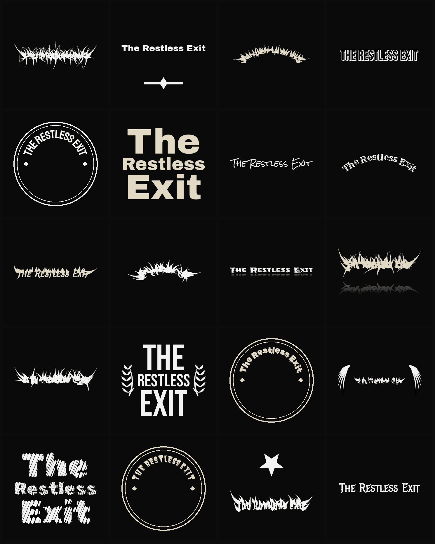 Twenty The Restless Exit band logo ideas — different faces, treatments and spike settings