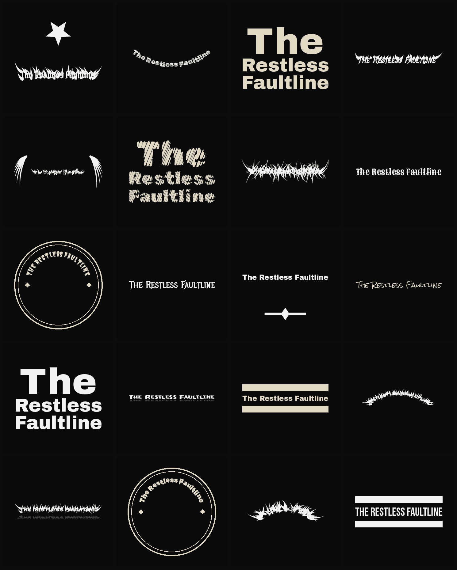 Twenty The Restless Faultline band logo ideas — different faces, treatments and spike settings