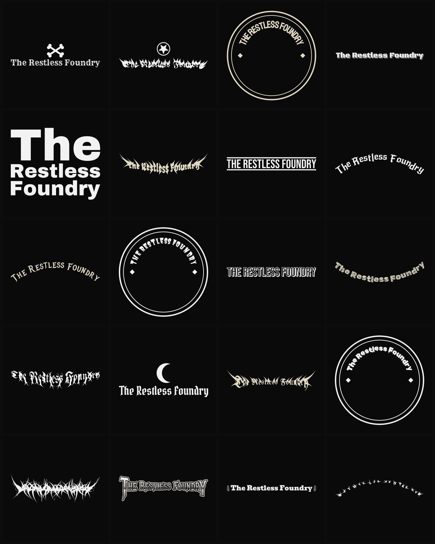 Twenty The Restless Foundry band logo ideas — different faces, treatments and spike settings
