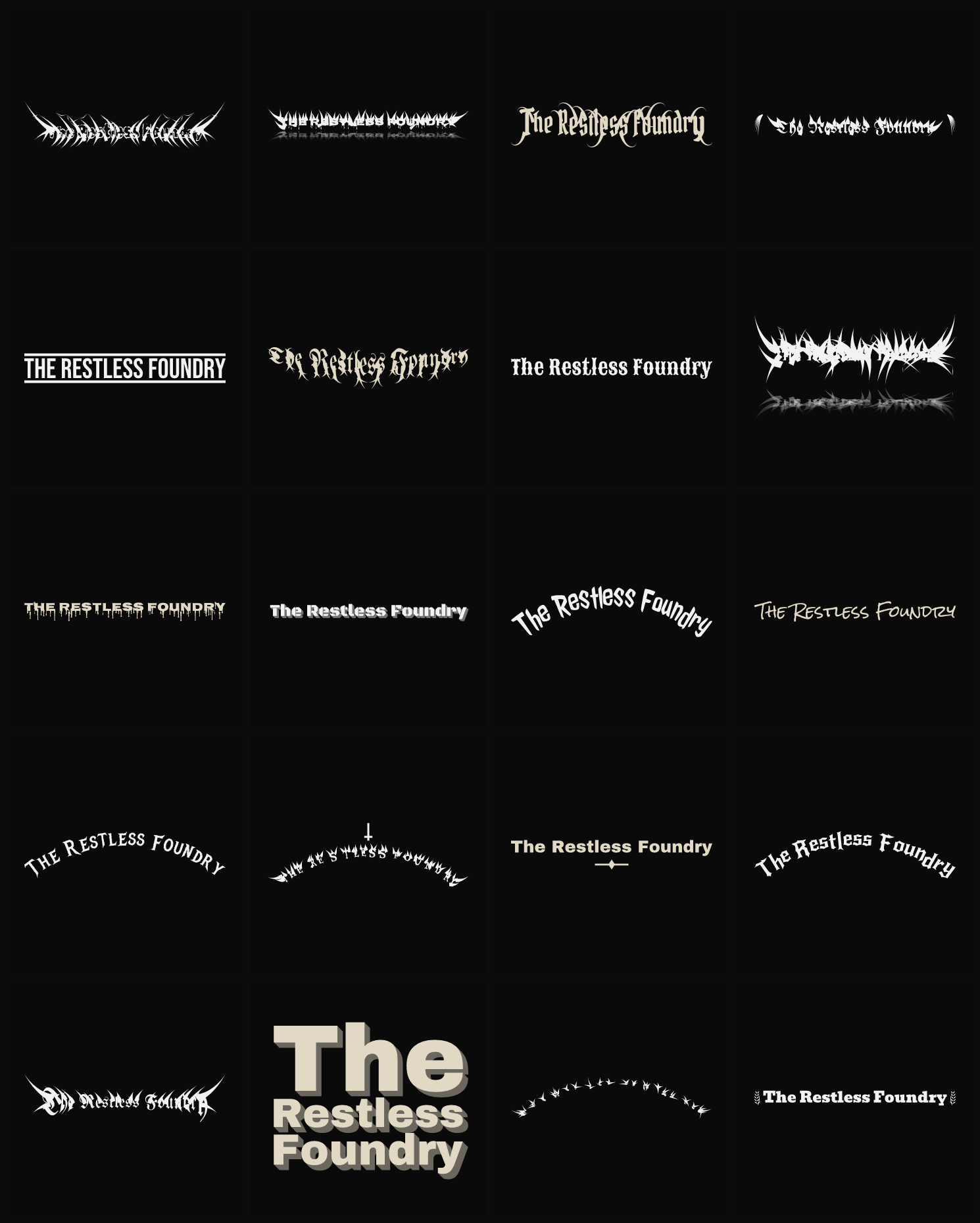 Twenty The Restless Foundry band logo ideas — different faces, treatments and spike settings