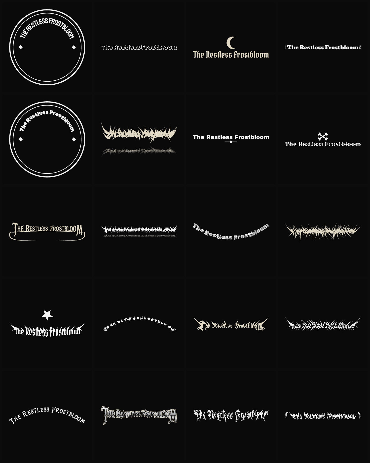 Twenty The Restless Frostbloom band logo ideas — different faces, treatments and spike settings