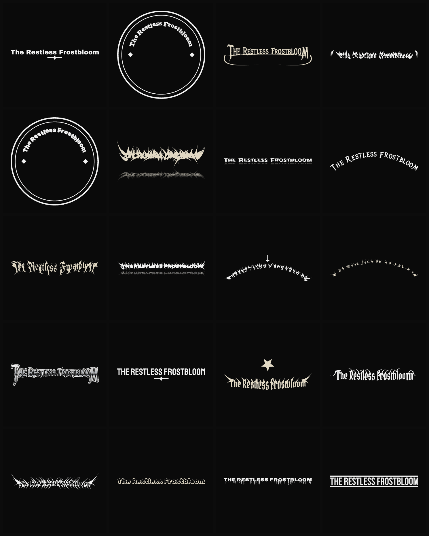 Twenty The Restless Frostbloom band logo ideas — different faces, treatments and spike settings