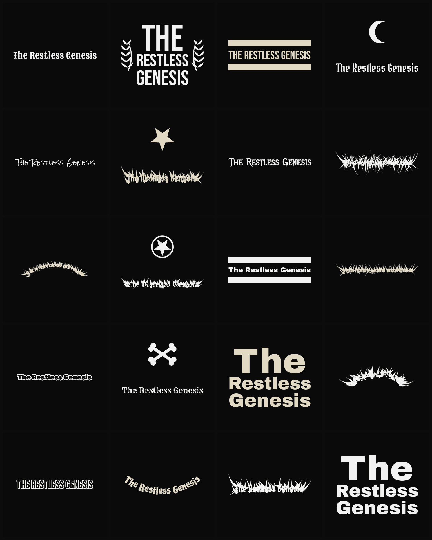 Twenty The Restless Genesis band logo ideas — different faces, treatments and spike settings