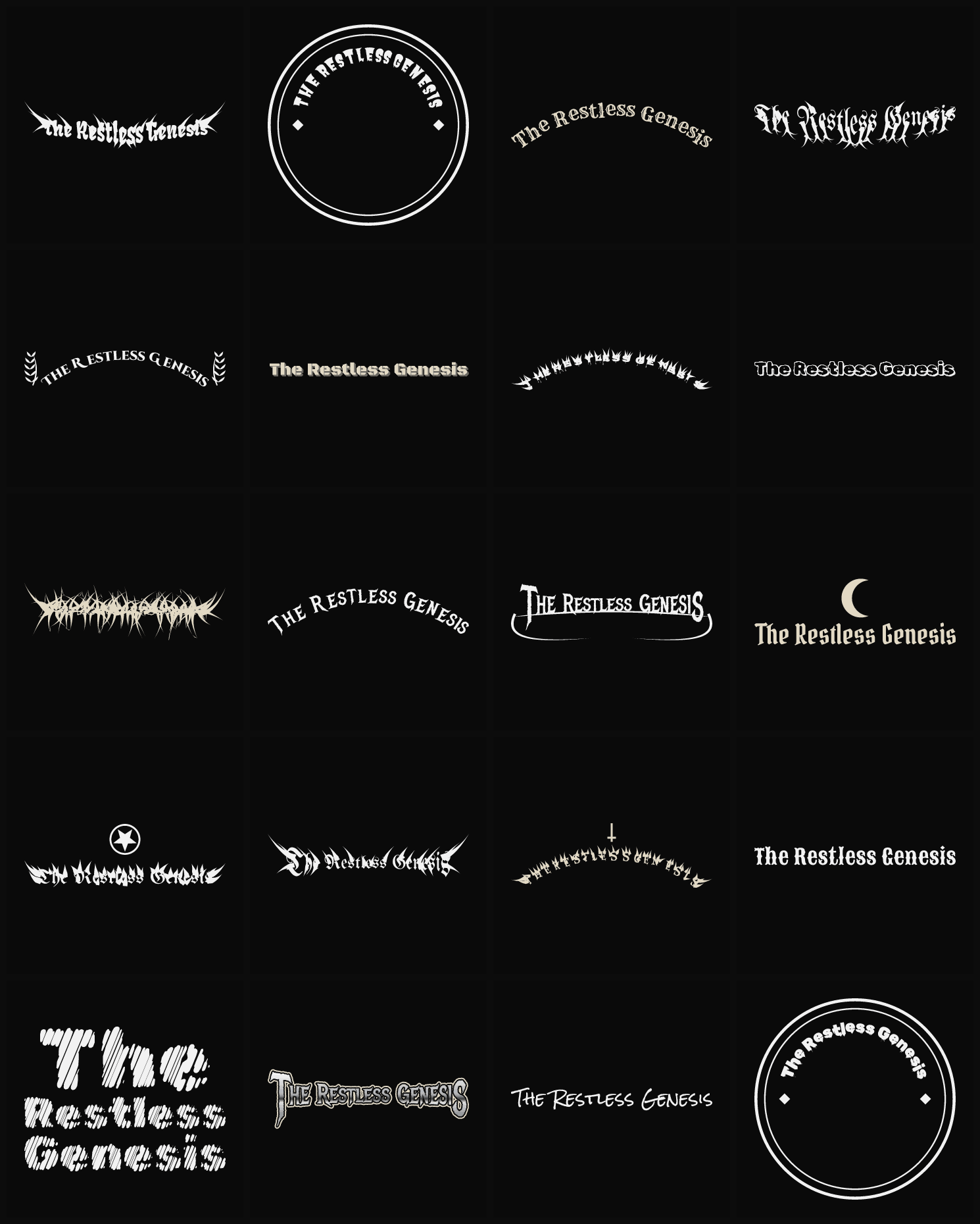 Twenty The Restless Genesis band logo ideas — different faces, treatments and spike settings