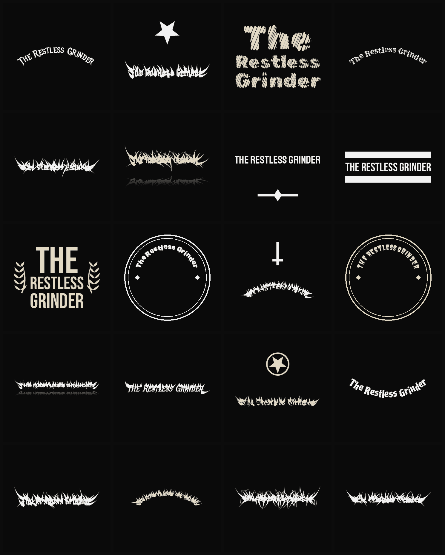 Twenty The Restless Grinder band logo ideas — different faces, treatments and spike settings