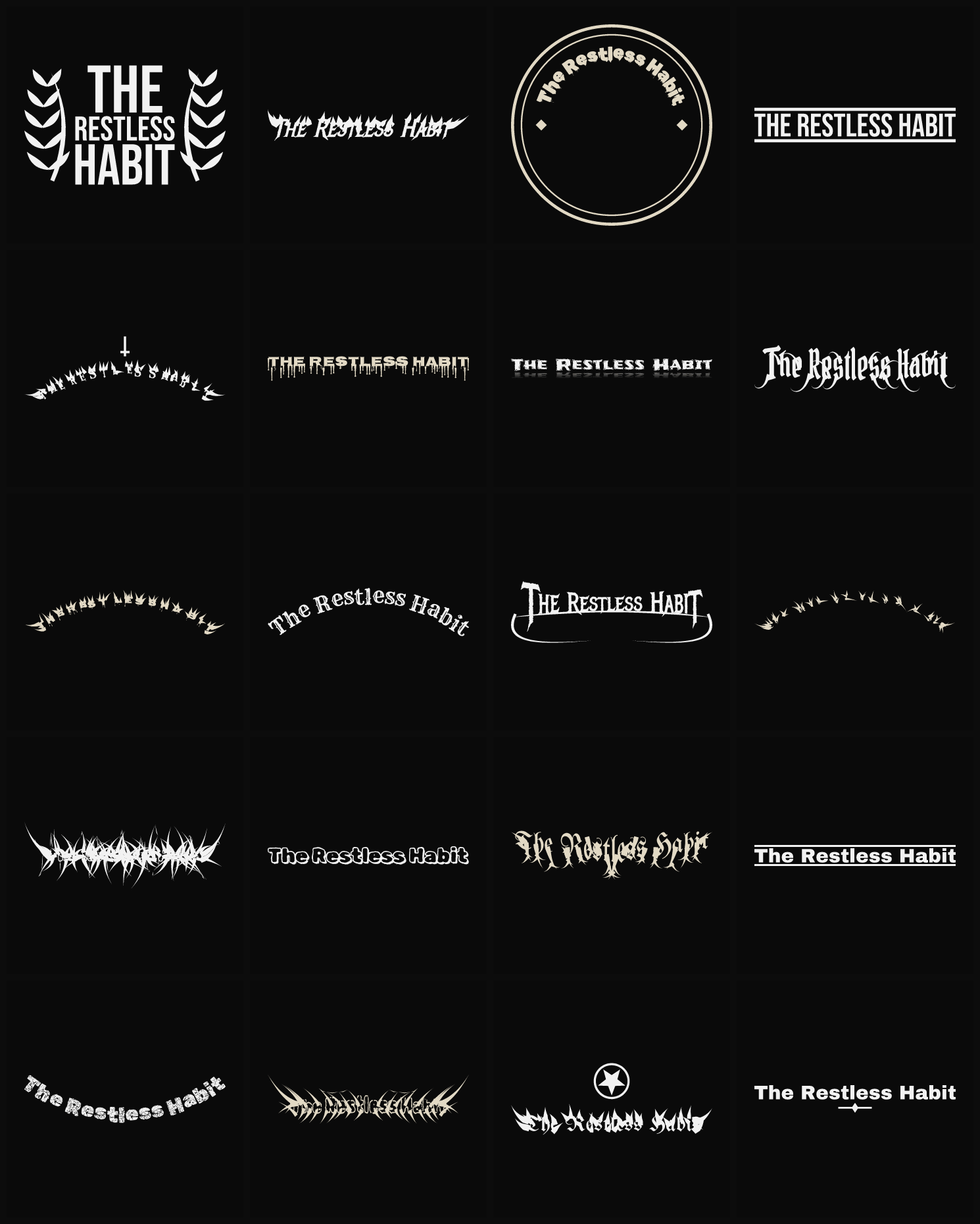 Twenty The Restless Habit band logo ideas — different faces, treatments and spike settings