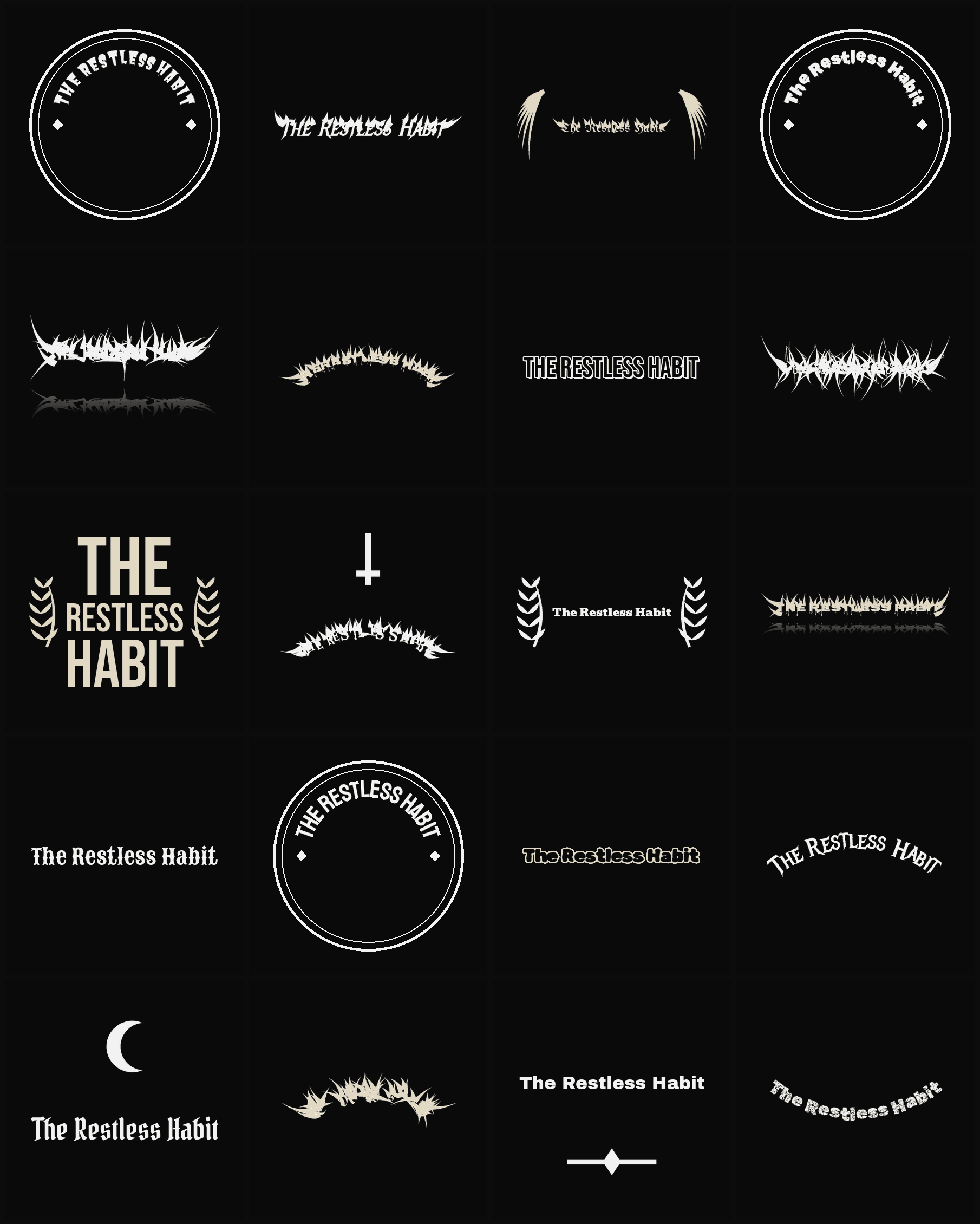 Twenty The Restless Habit band logo ideas — different faces, treatments and spike settings