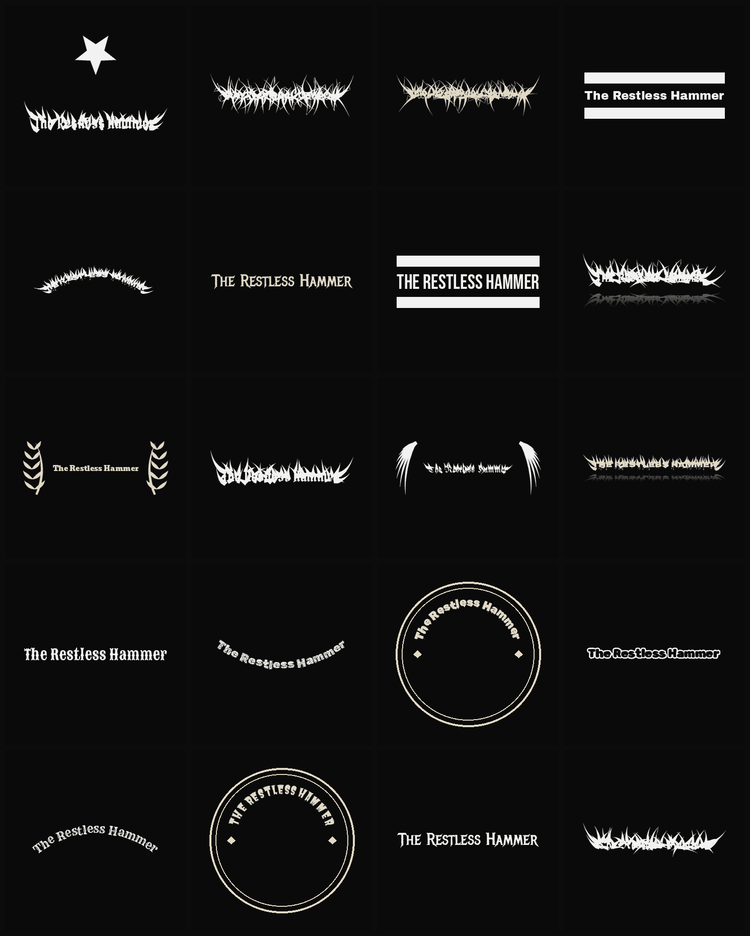 Twenty The Restless Hammer band logo ideas — different faces, treatments and spike settings