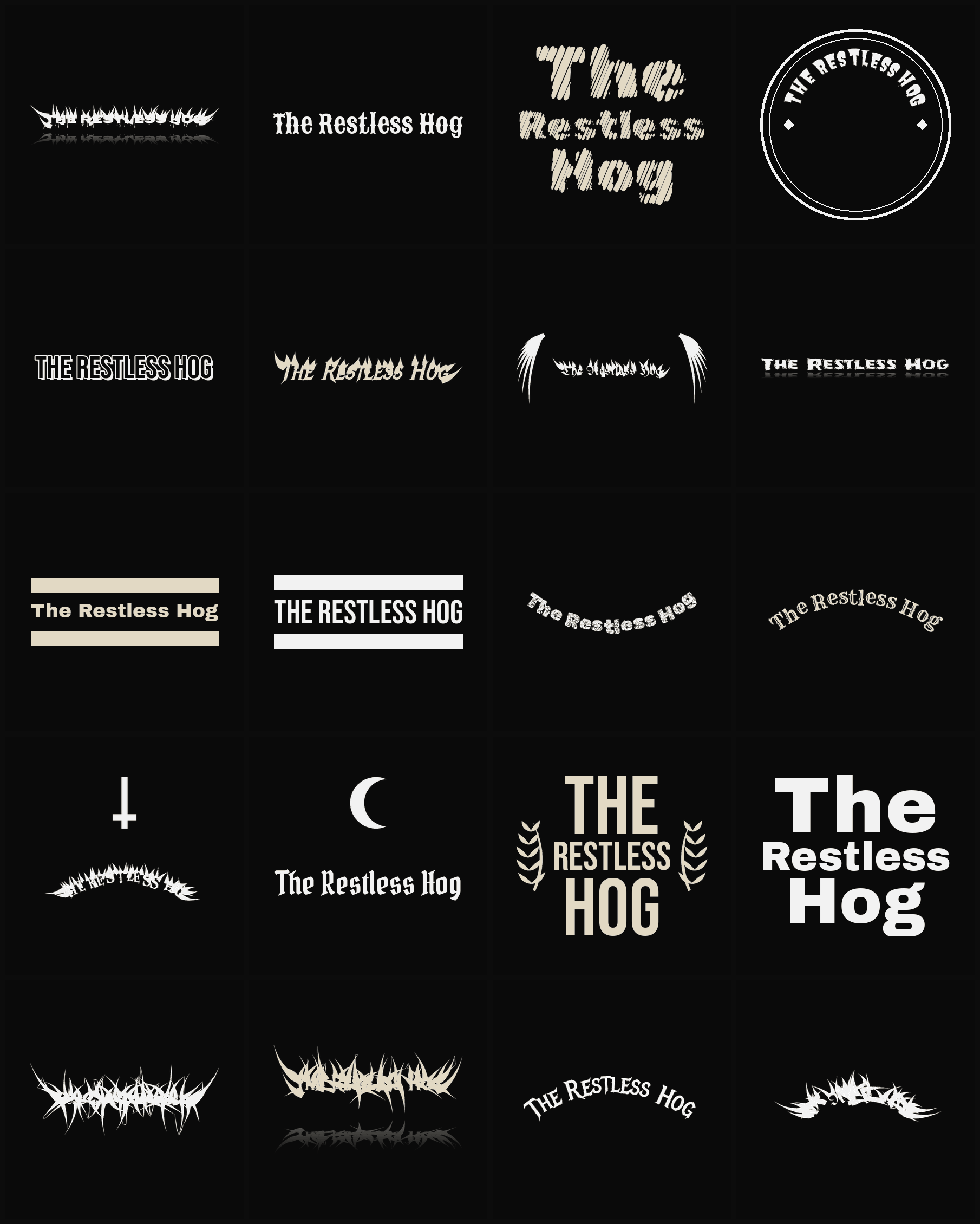 Twenty The Restless Hog band logo ideas — different faces, treatments and spike settings