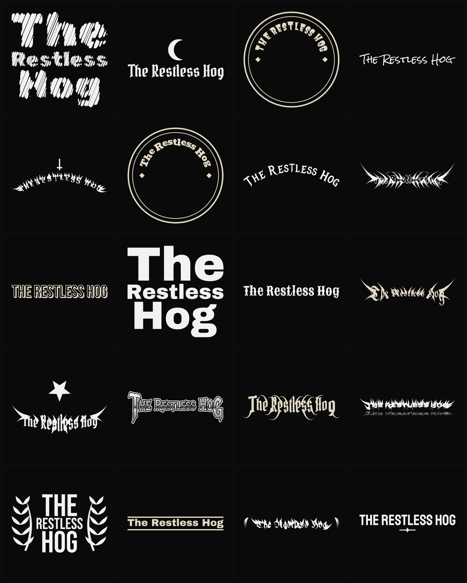 Twenty The Restless Hog band logo ideas — different faces, treatments and spike settings