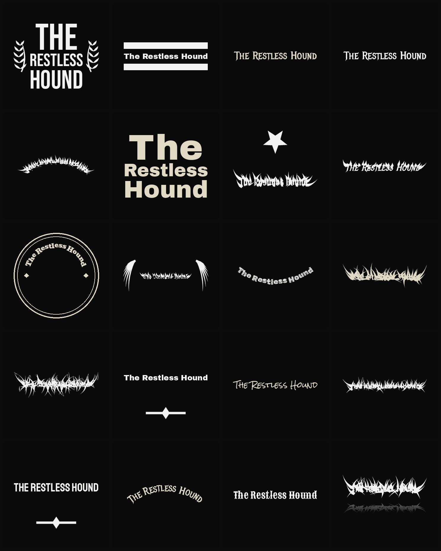 Twenty The Restless Hound band logo ideas — different faces, treatments and spike settings