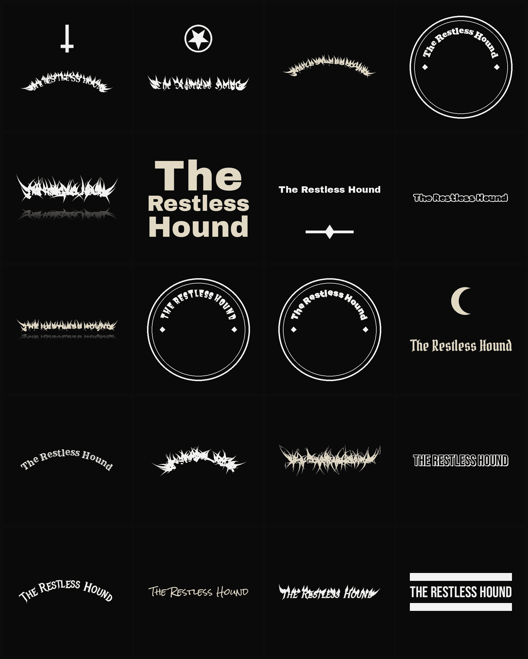 Twenty The Restless Hound band logo ideas — different faces, treatments and spike settings