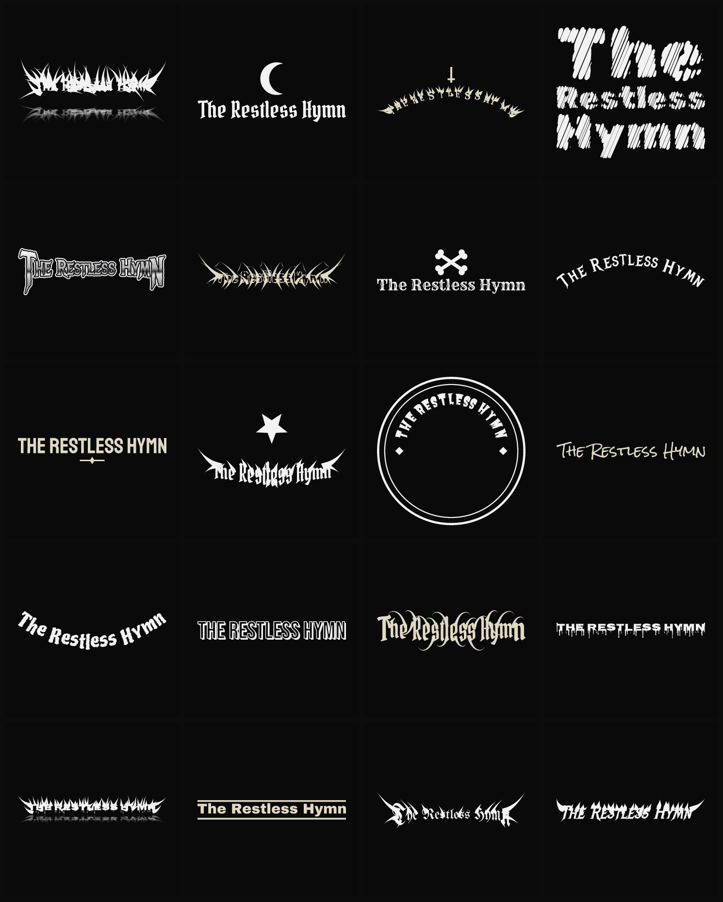 Twenty The Restless Hymn band logo ideas — different faces, treatments and spike settings