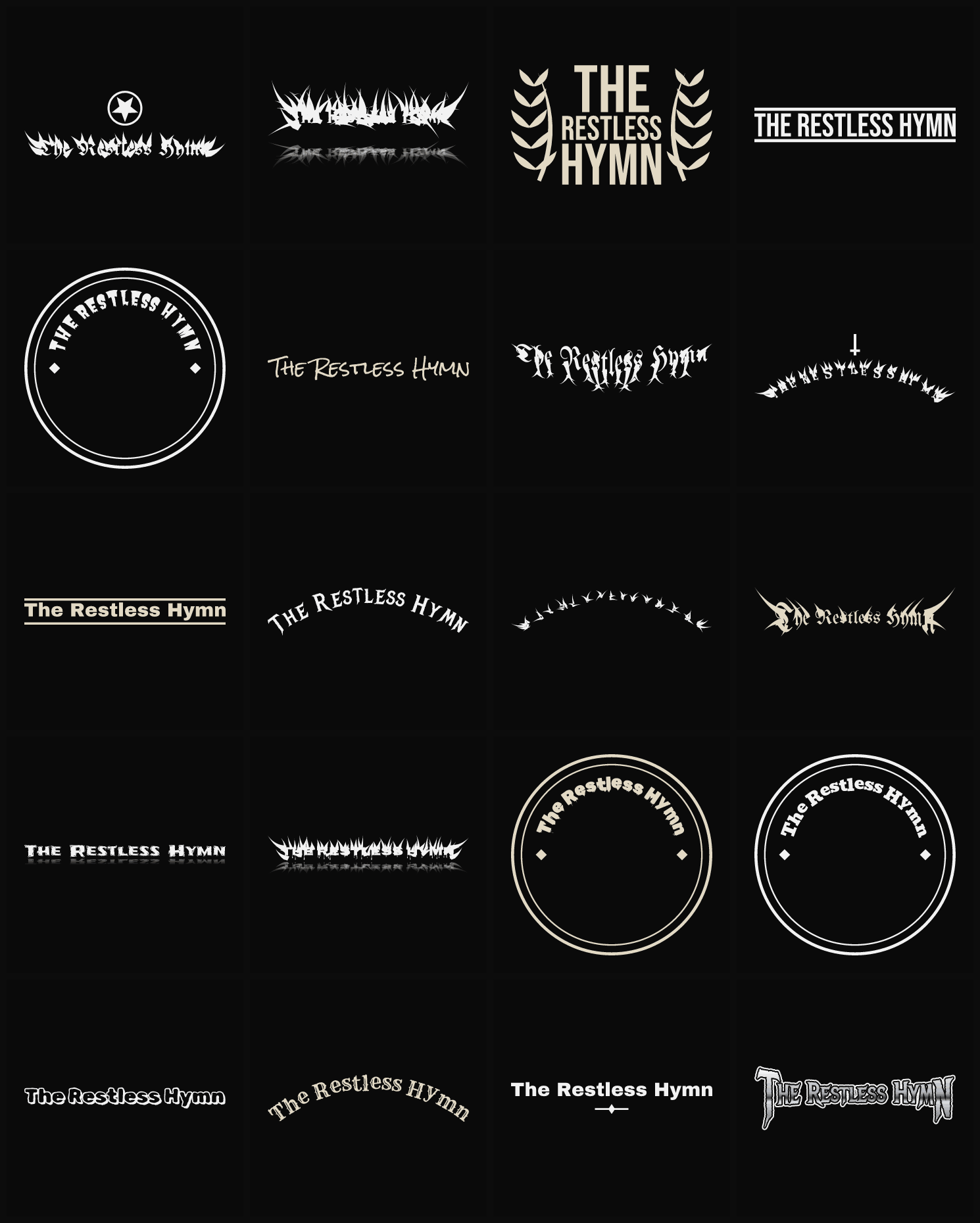 Twenty The Restless Hymn band logo ideas — different faces, treatments and spike settings