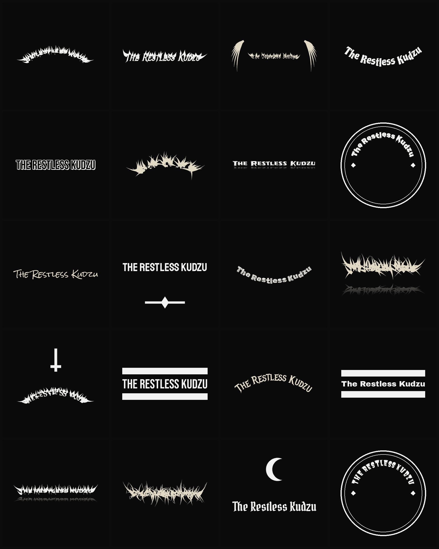 Twenty The Restless Kudzu band logo ideas — different faces, treatments and spike settings