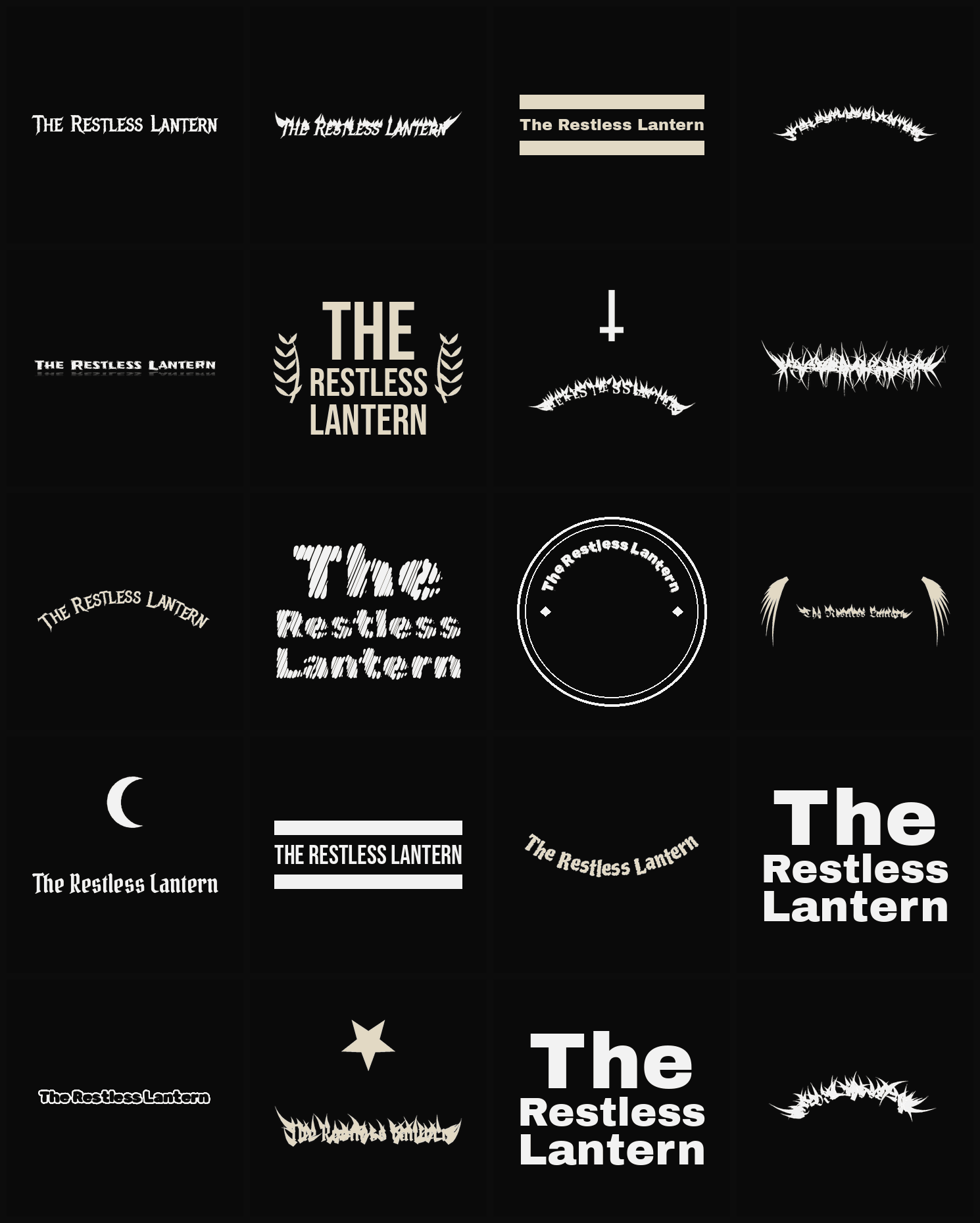Twenty The Restless Lantern band logo ideas — different faces, treatments and spike settings