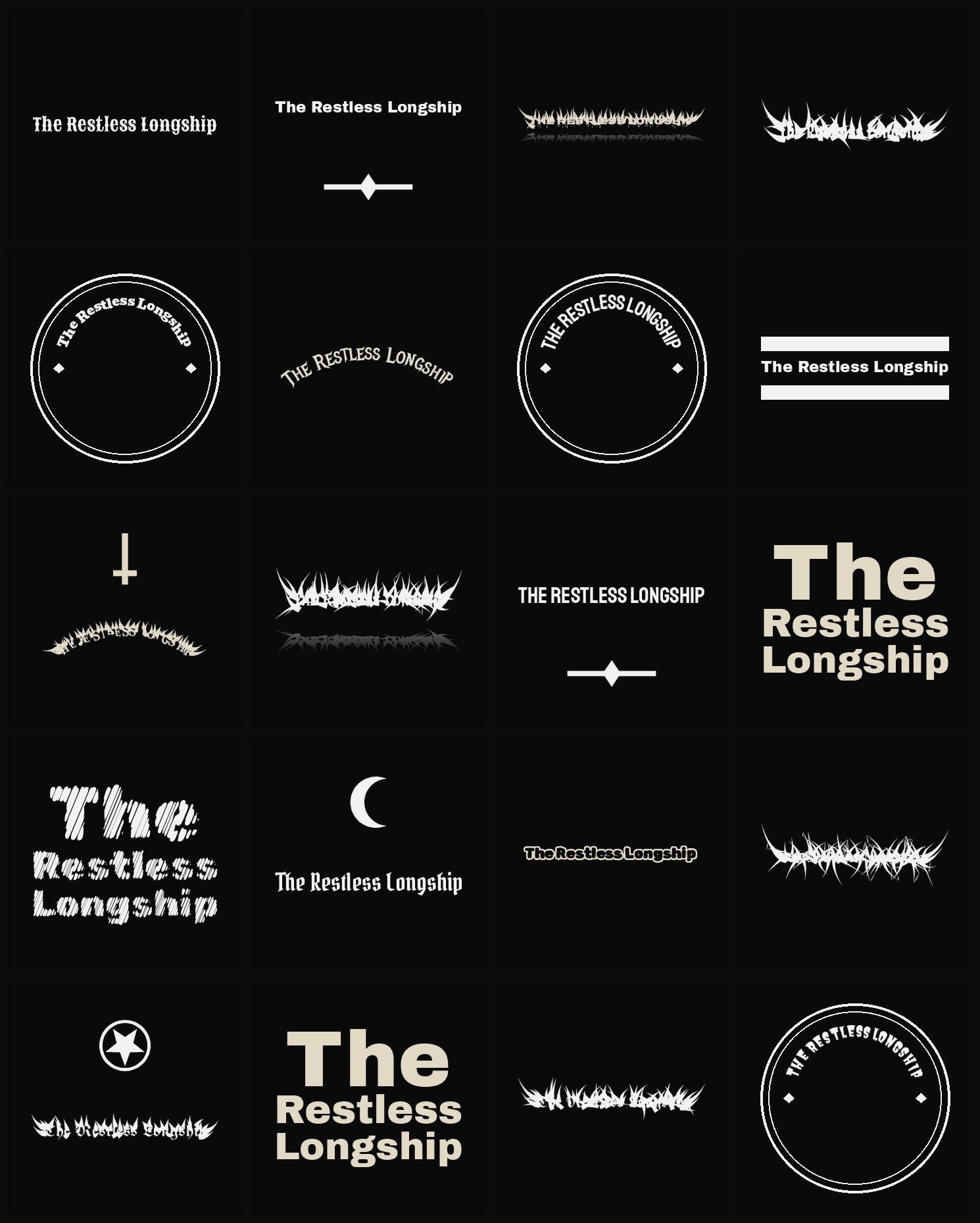 Twenty The Restless Longship band logo ideas — different faces, treatments and spike settings