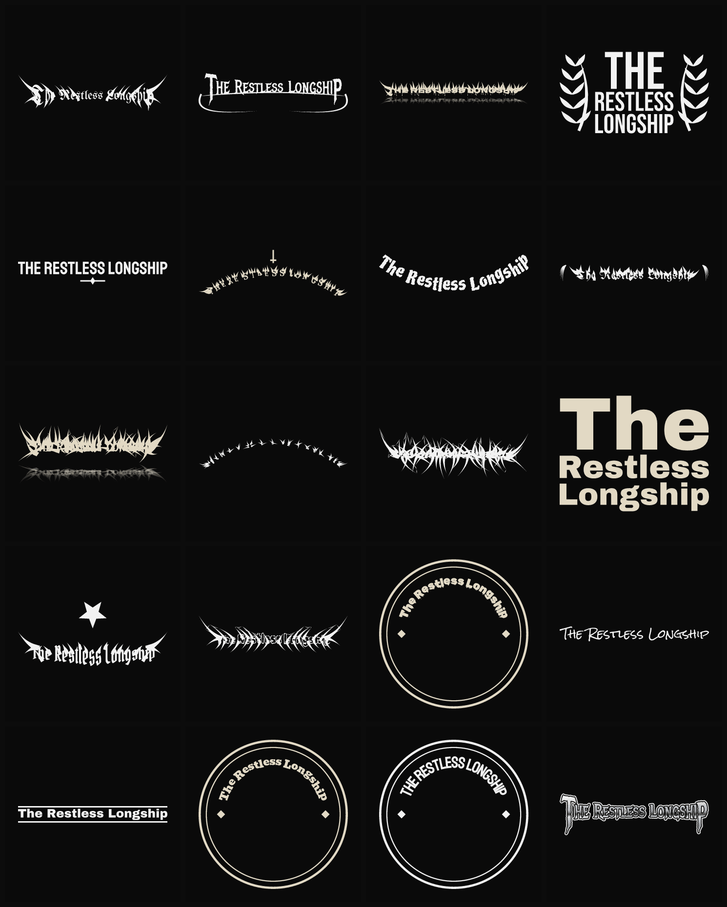 Twenty The Restless Longship band logo ideas — different faces, treatments and spike settings