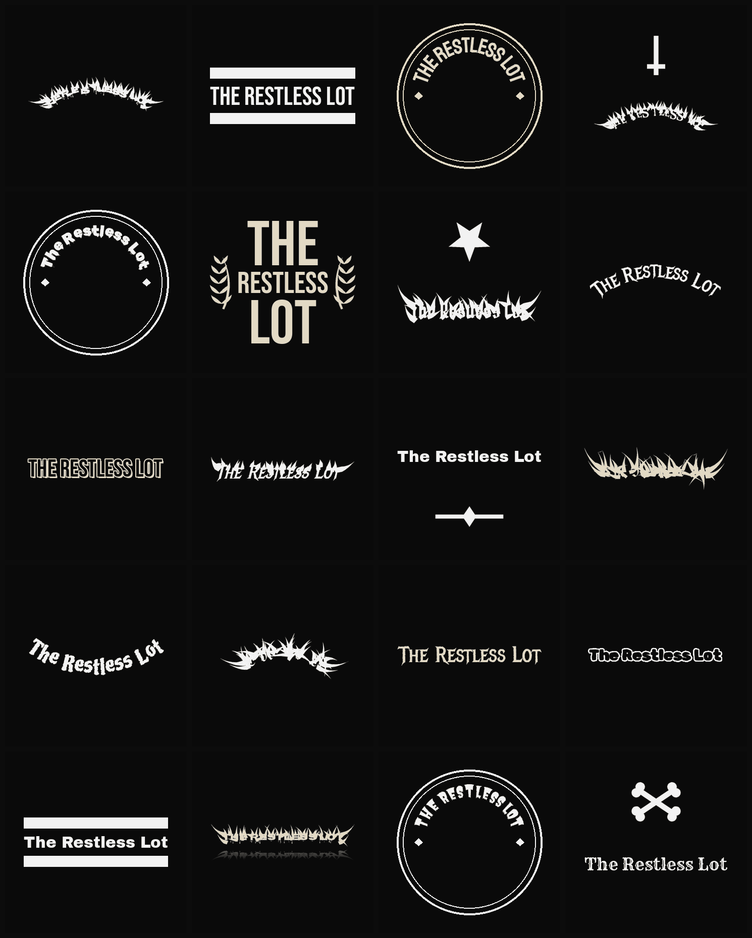 Twenty The Restless Lot band logo ideas — different faces, treatments and spike settings