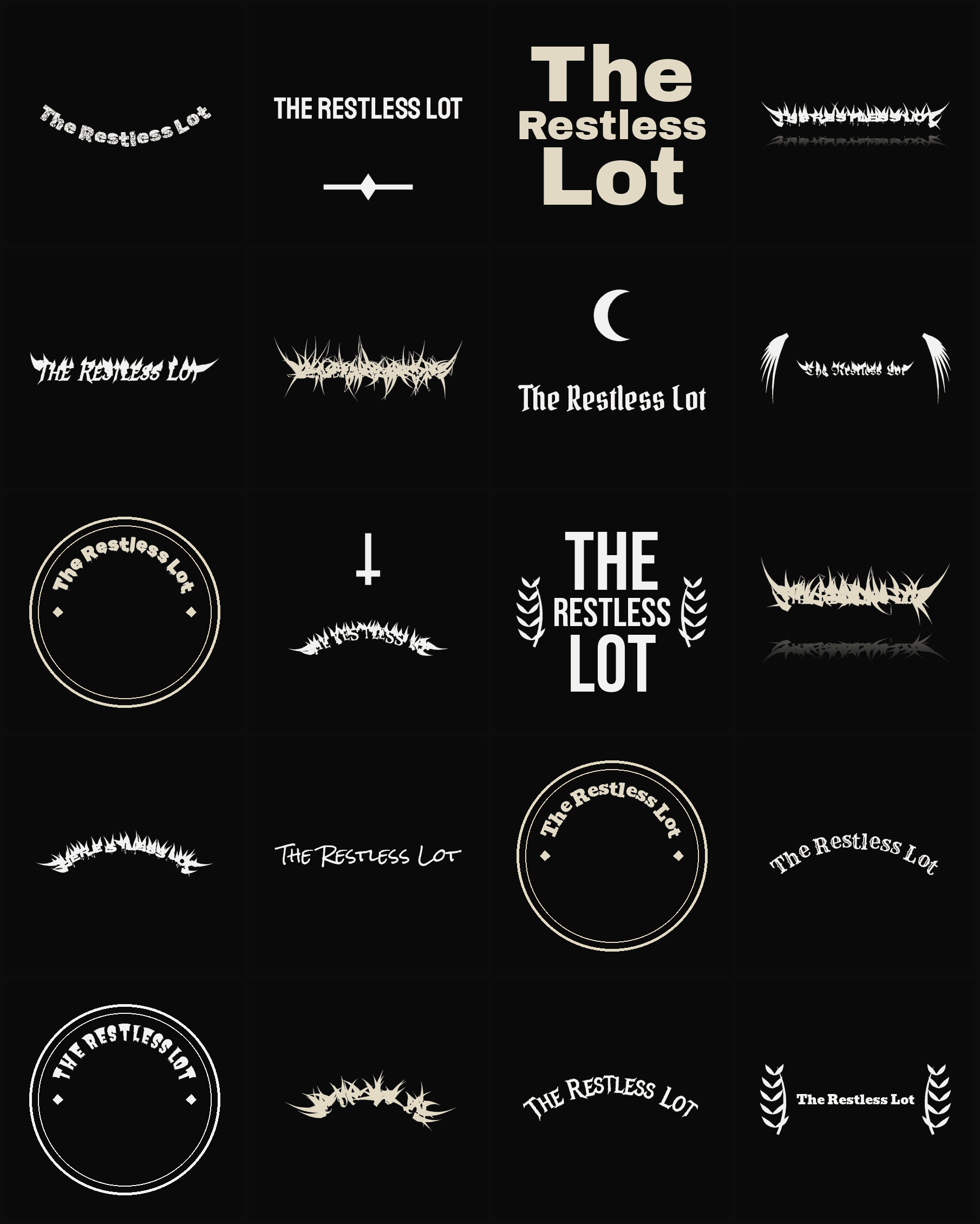 Twenty The Restless Lot band logo ideas — different faces, treatments and spike settings
