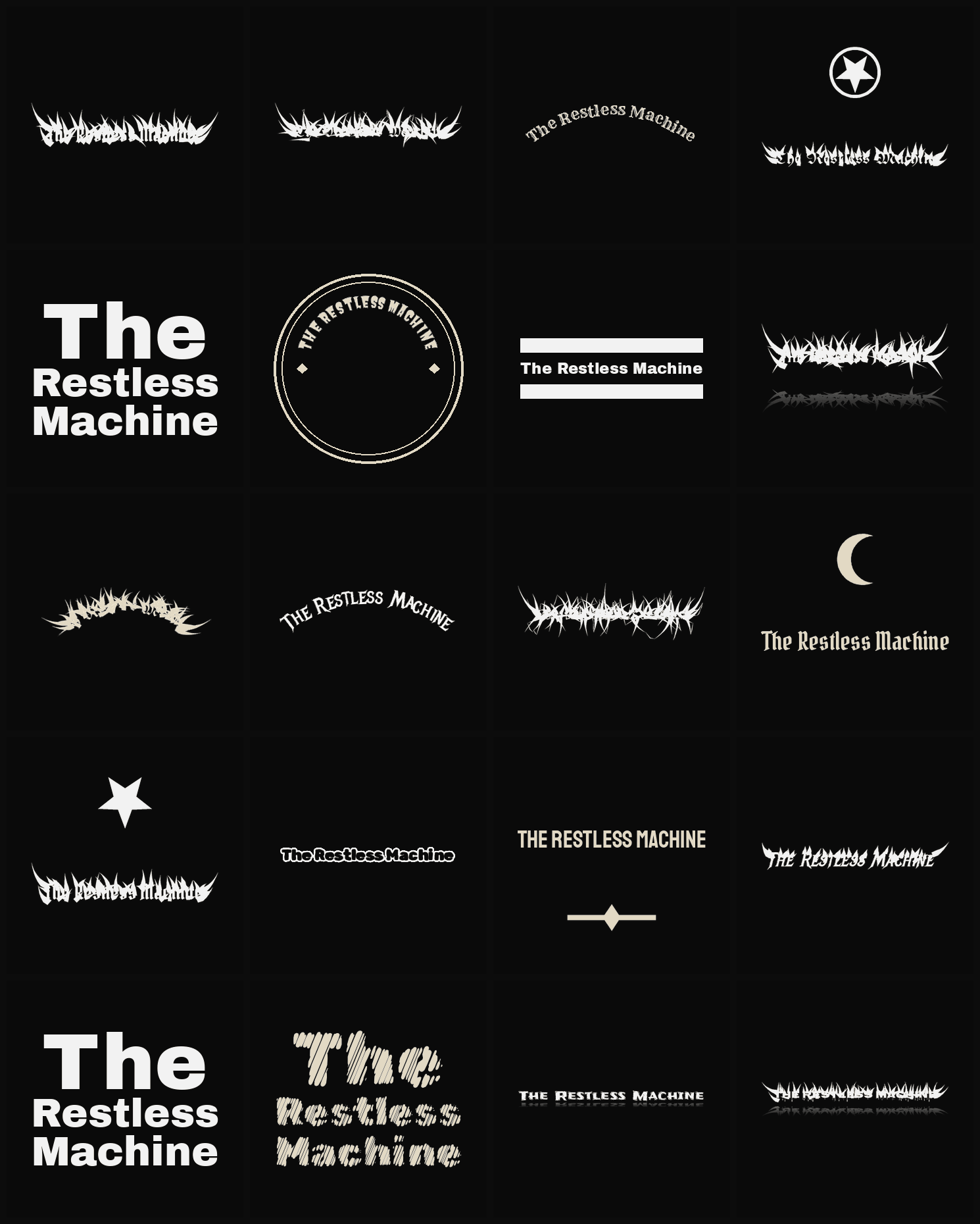 Twenty The Restless Machine band logo ideas — different faces, treatments and spike settings