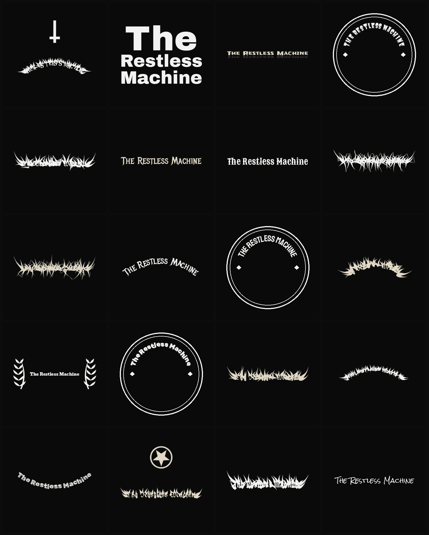 Twenty The Restless Machine band logo ideas — different faces, treatments and spike settings