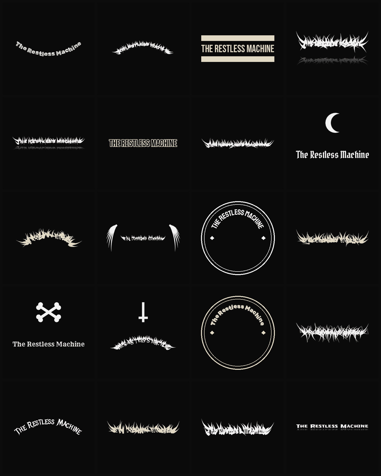 Twenty The Restless Machine band logo ideas — different faces, treatments and spike settings