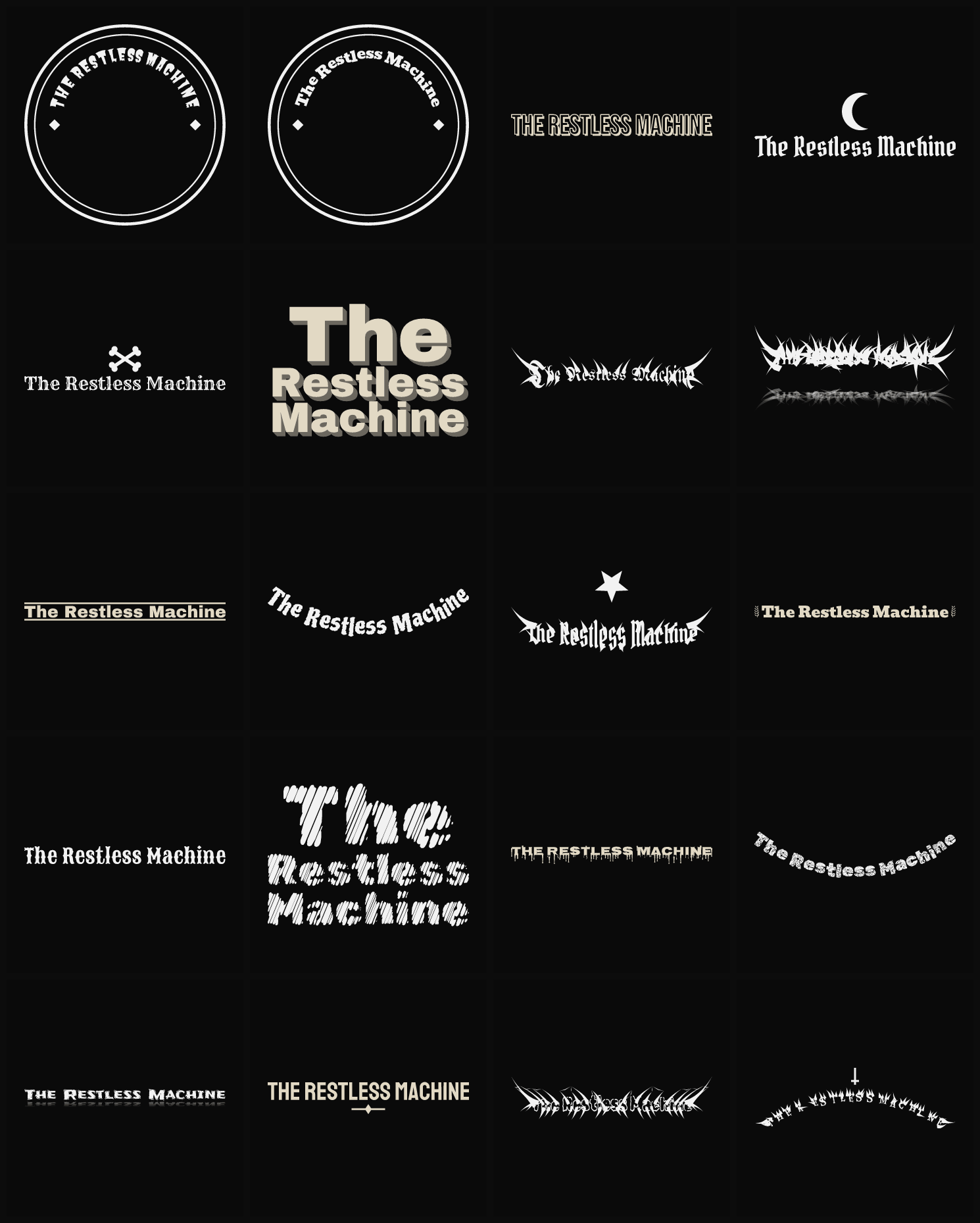 Twenty The Restless Machine band logo ideas — different faces, treatments and spike settings