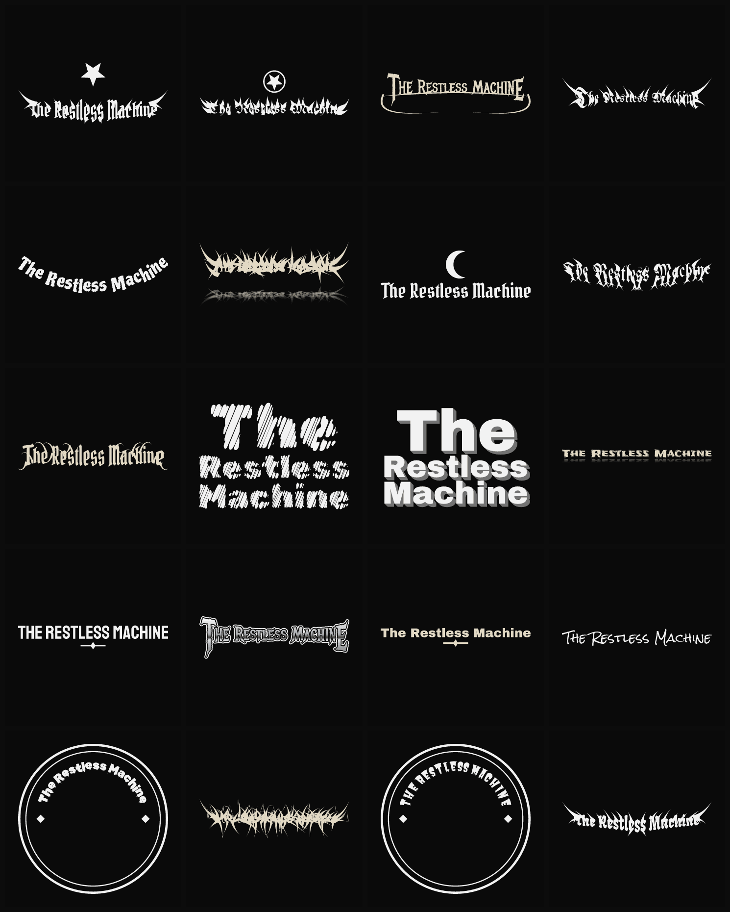 Twenty The Restless Machine band logo ideas — different faces, treatments and spike settings