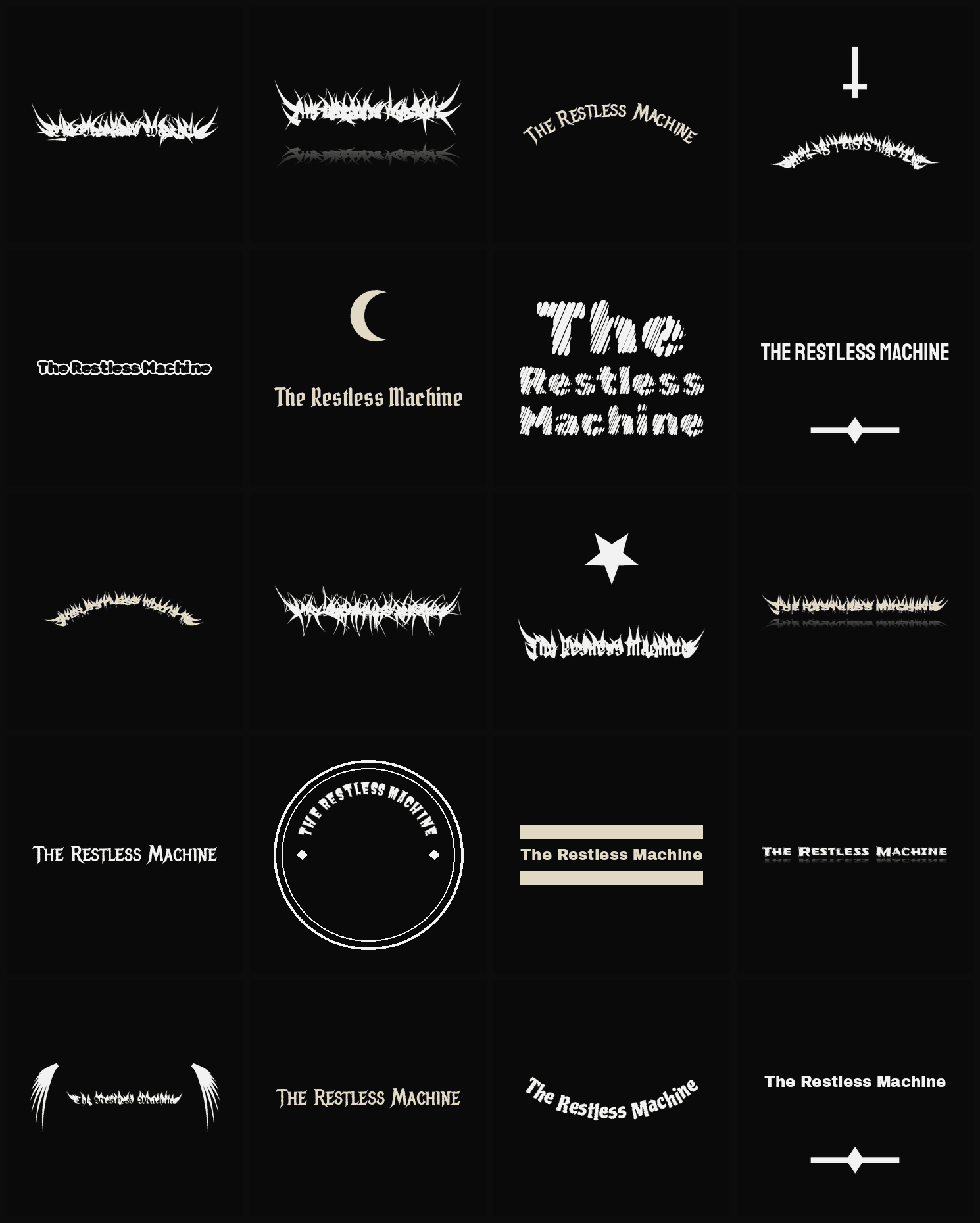 Twenty The Restless Machine band logo ideas — different faces, treatments and spike settings